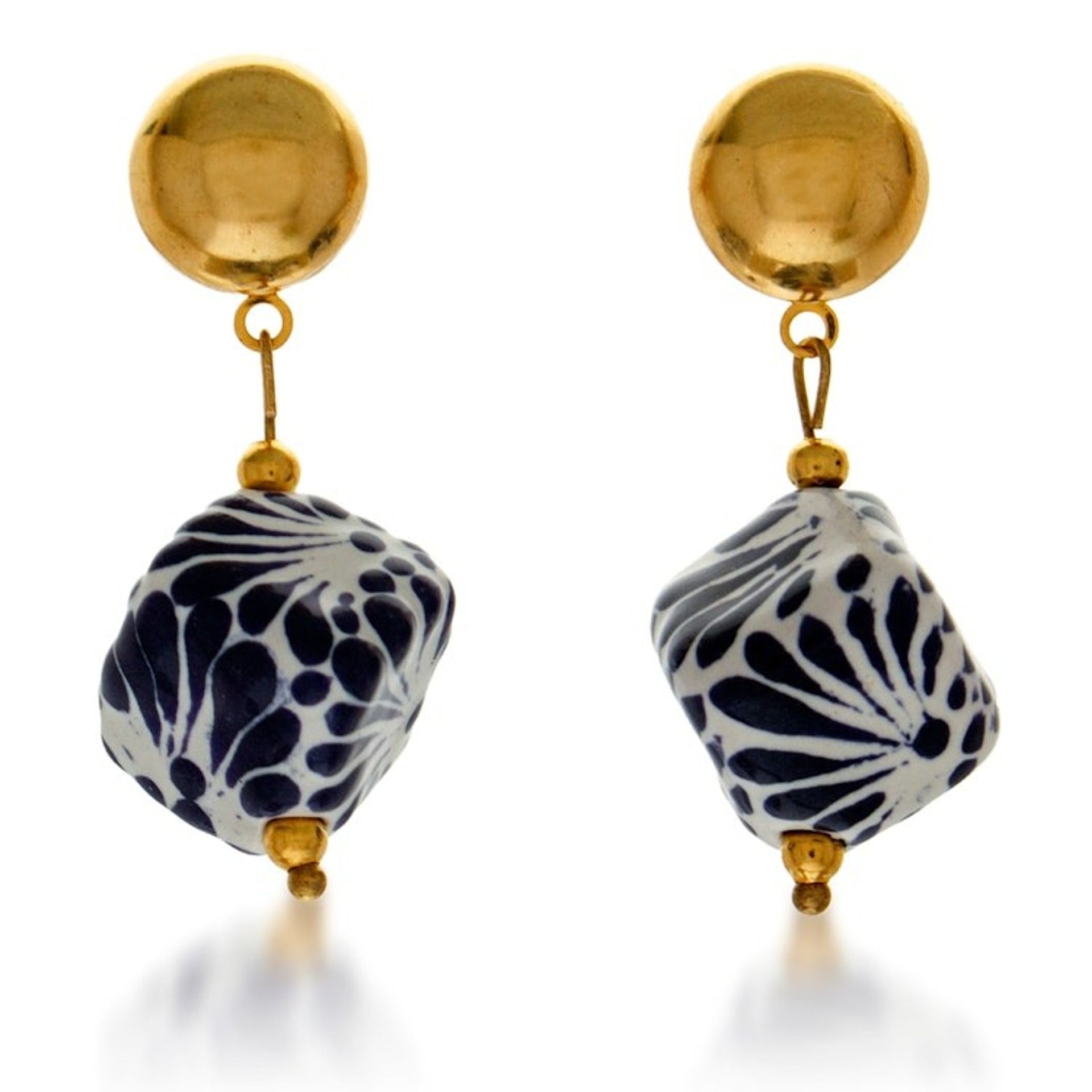 Traditional Ceramic Cube Dangle Earrings with Golden Beads 'Glorious Dimension'