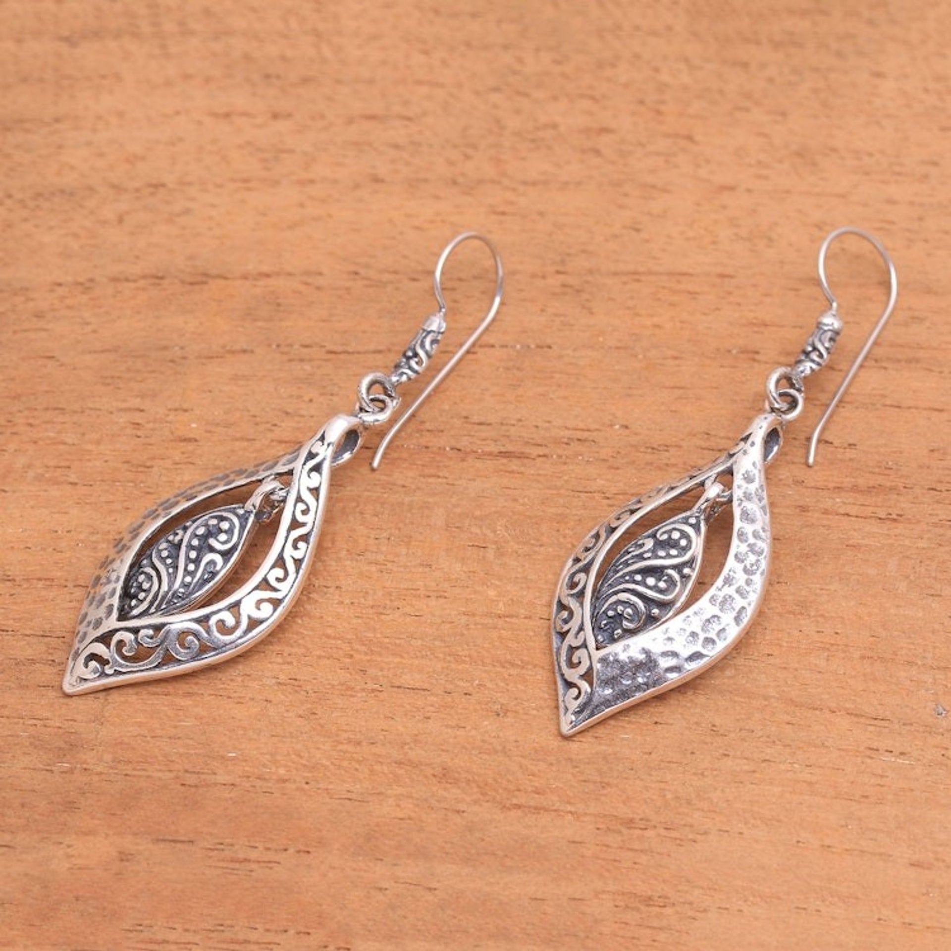 Artisan Crafted Sterling Silver Dangle Earrings from Bali 'Baby Leaves'