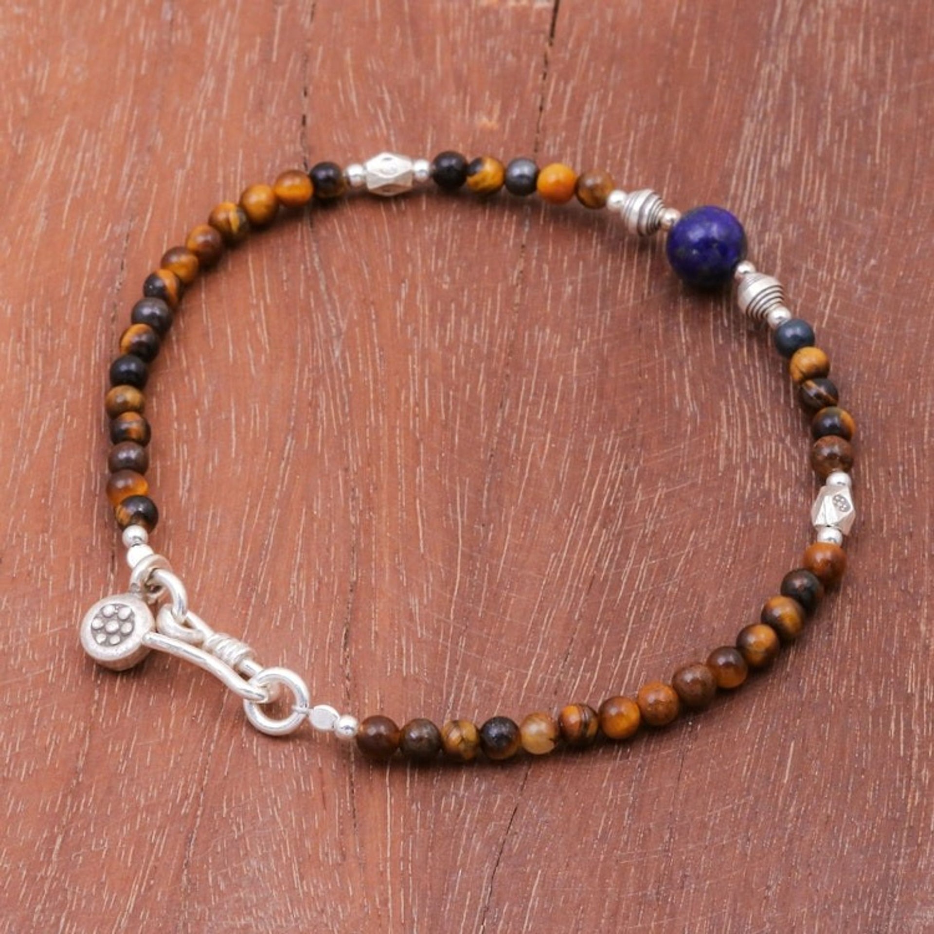 Karen Silver Tiger's Eye and Lapis Lazuli Beaded Bracelet 'Perception'