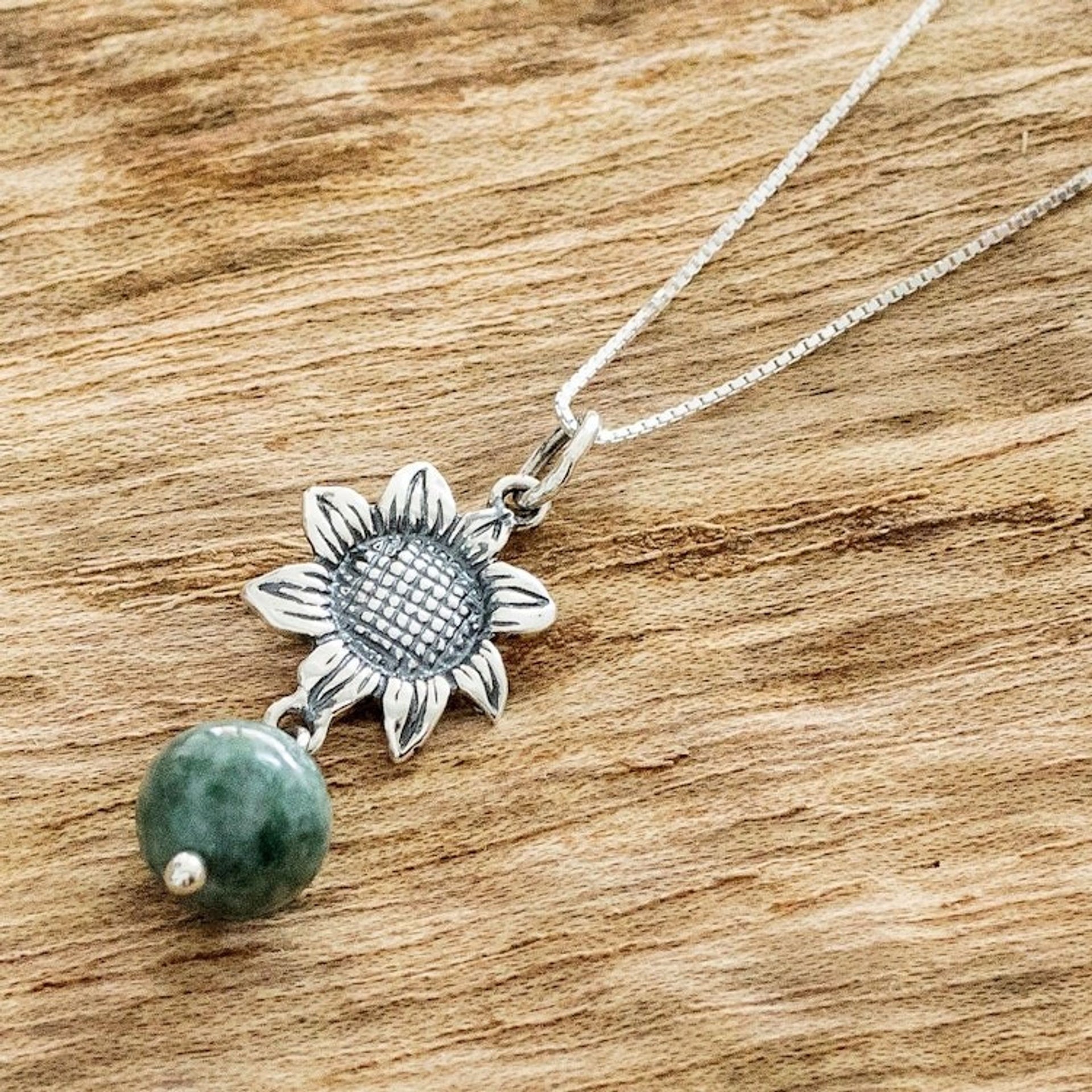 Sterling Silver Flower Pendant Necklace with Jade Bead 'Mayan Flower'