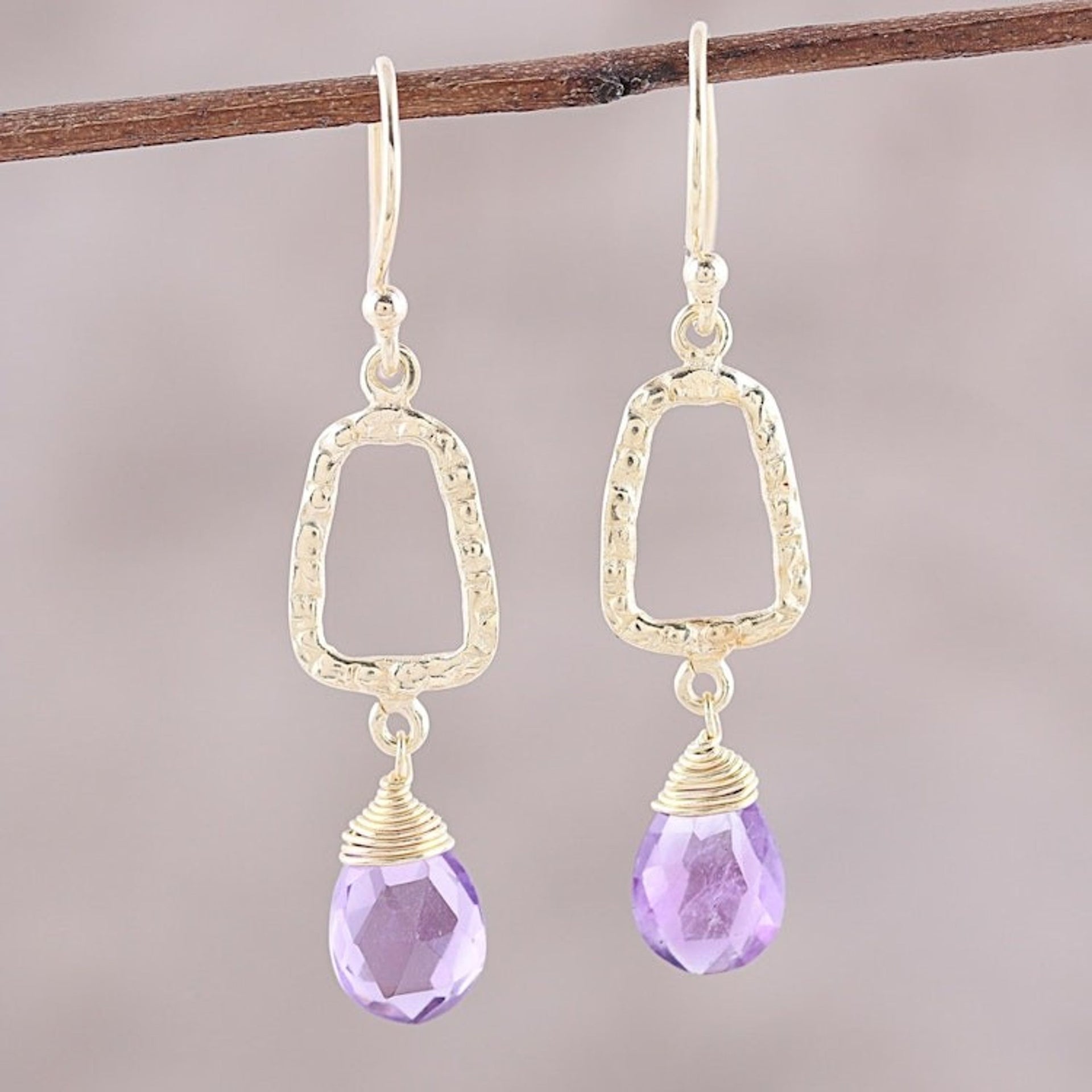 18k Gold Plated Amethyst Dangle Earrings from India 'Dancing Frames'