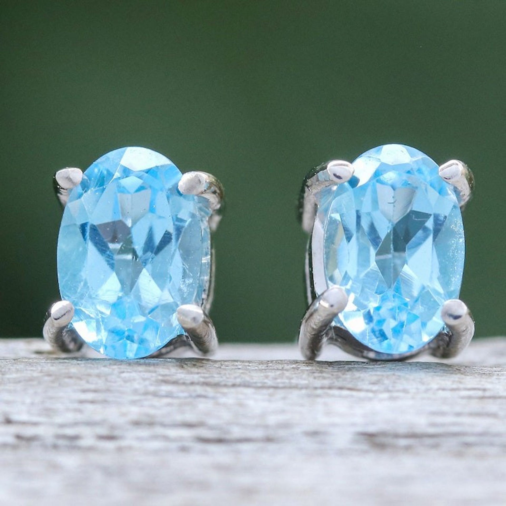 Sterling Silver Button Earrings with Oval Blue Topaz Gems 'Loyalty Maiden'