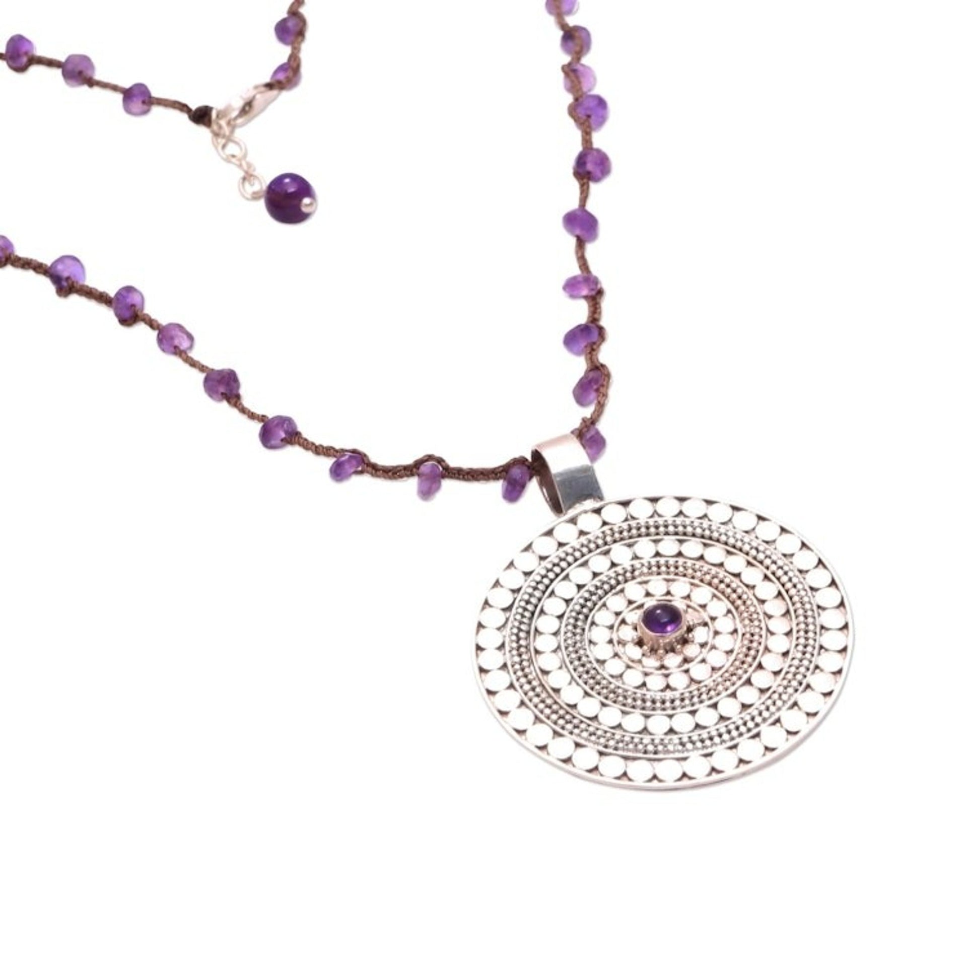 Amethyst and Sterling Silver Pendant Necklace from Bali 'Purple Shield'