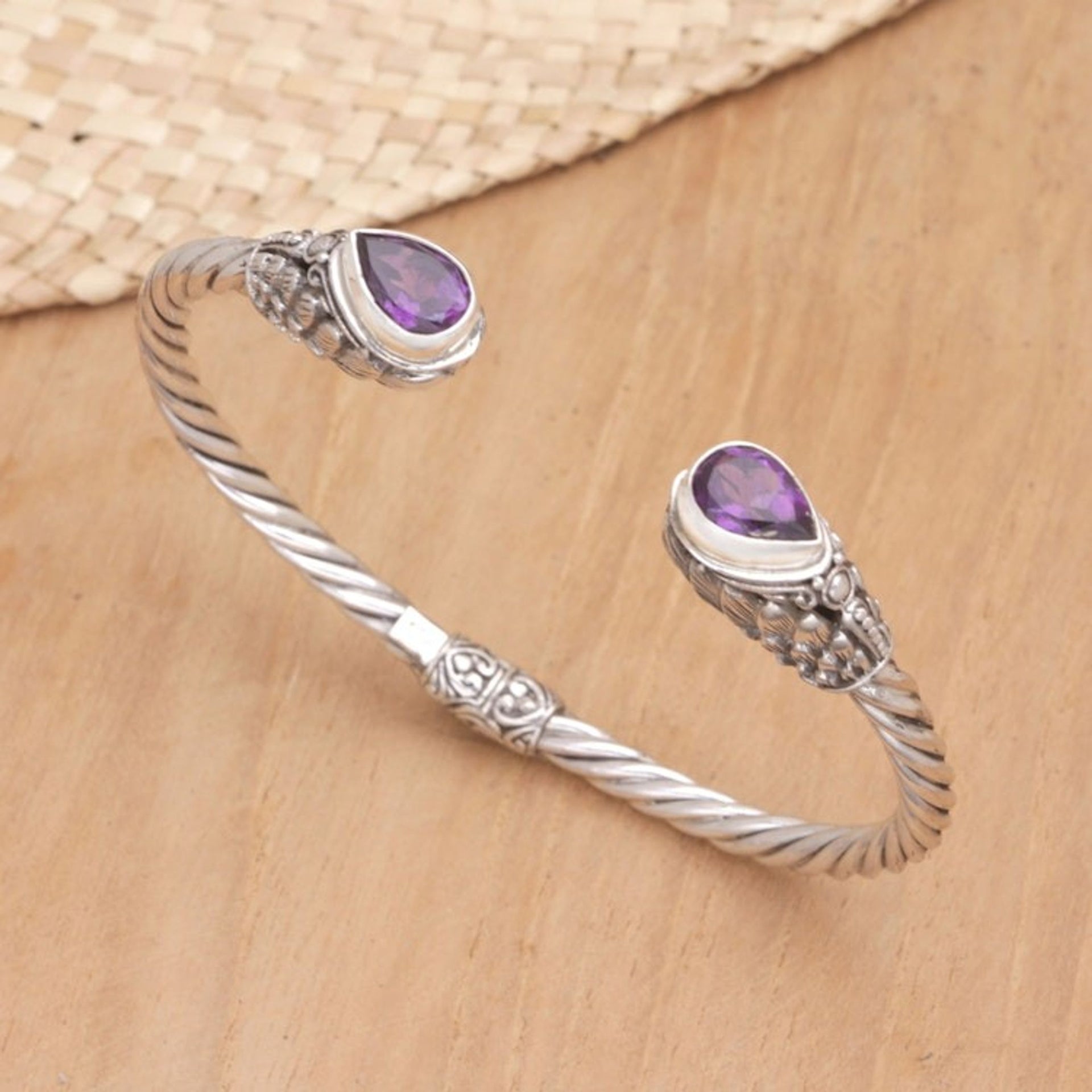 Sterling Silver Cuff Bracelet with Amethyst Stones 'Stylish Amethyst Feathers'