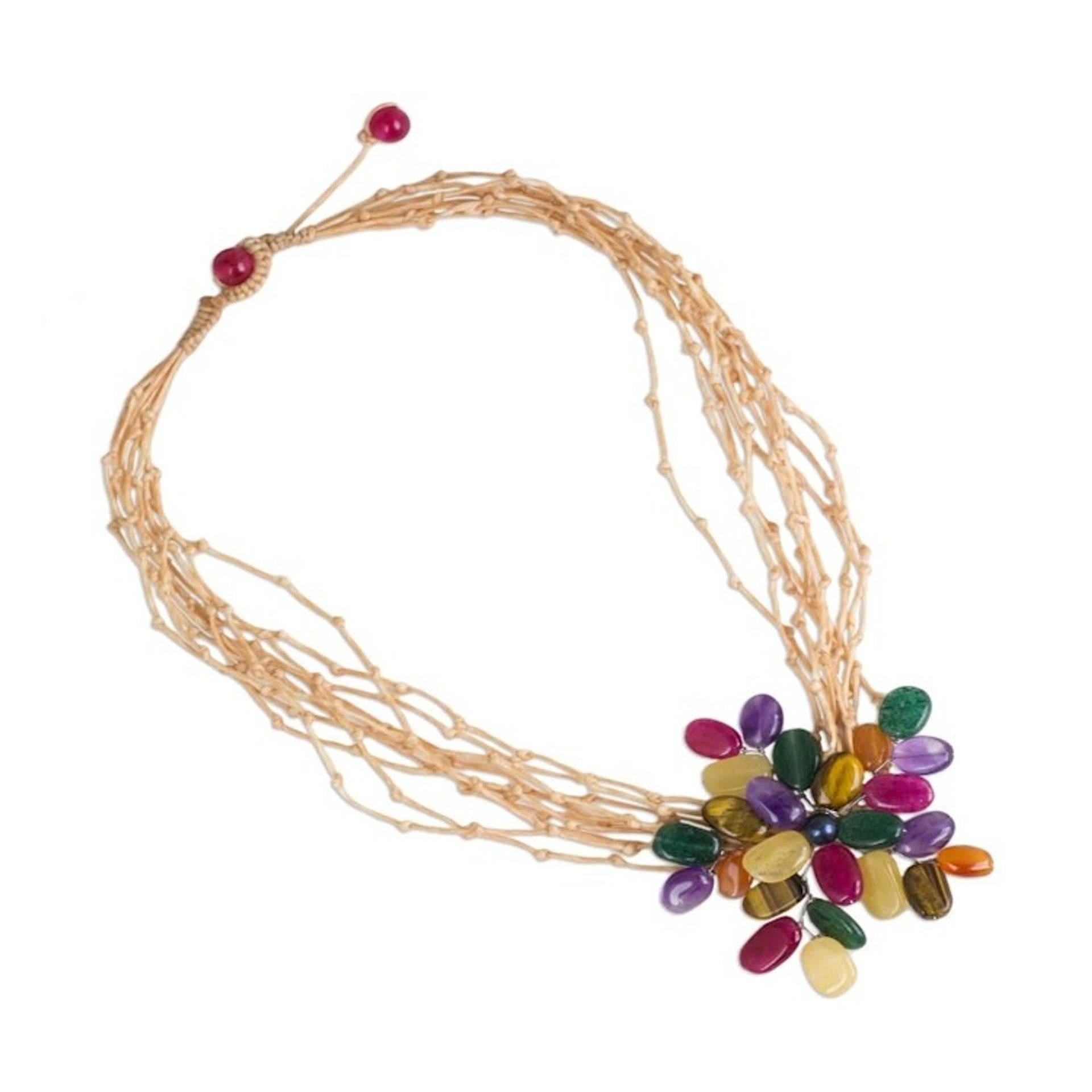 Colorful Flower Pendant Necklace on Waxed Beige Cords 'Twigs and Flowers'