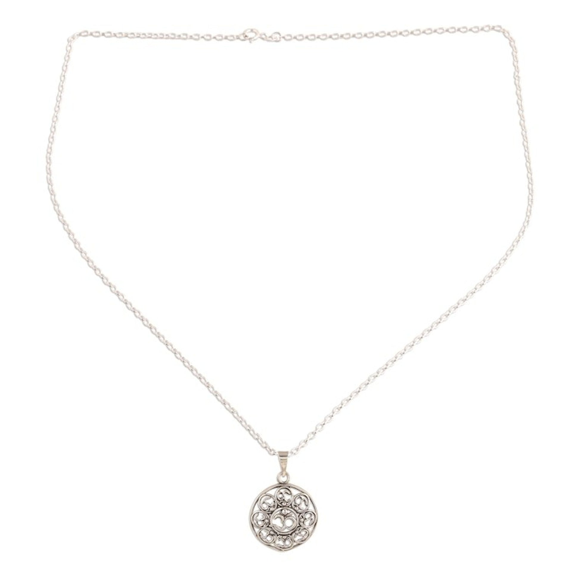 Om Motif Sterling Silver Pendant Necklace from India 'Eternal Peace'