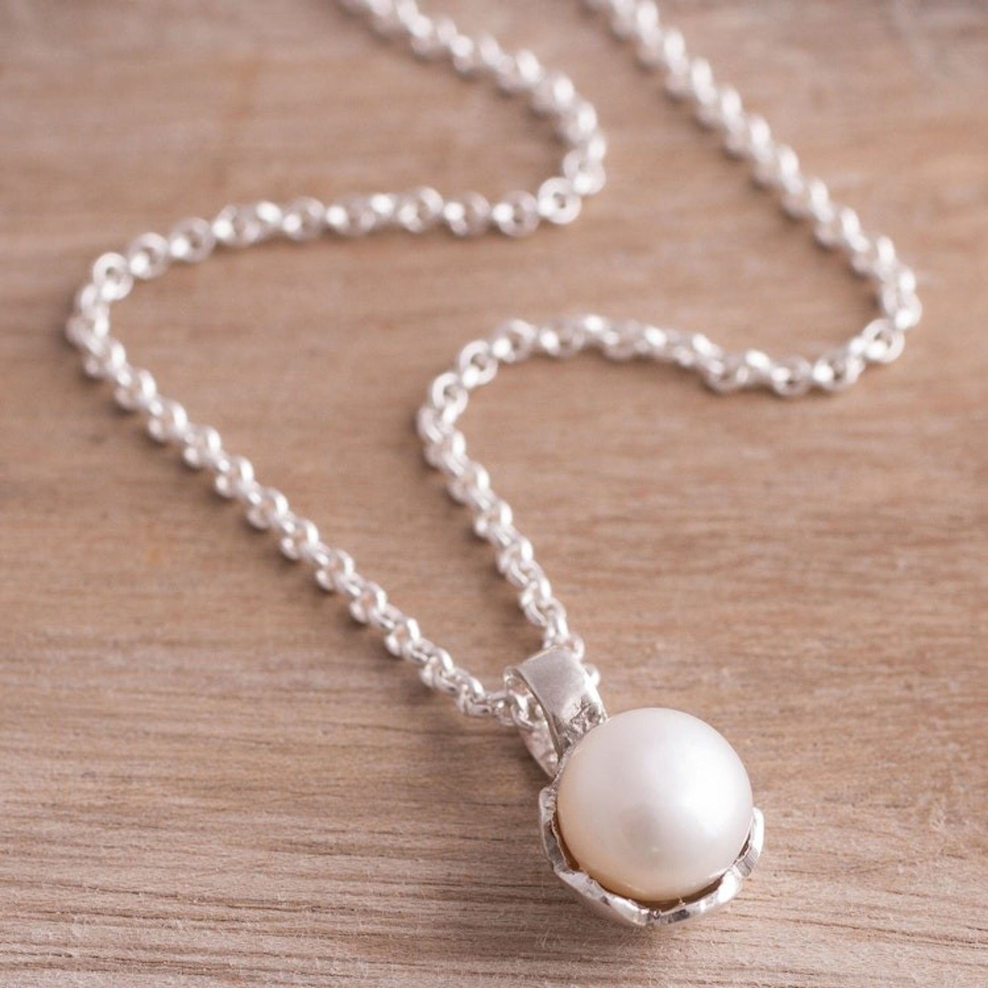White Cultured Pearl Pendant Necklace from Peru 'Floral Wonder in White'