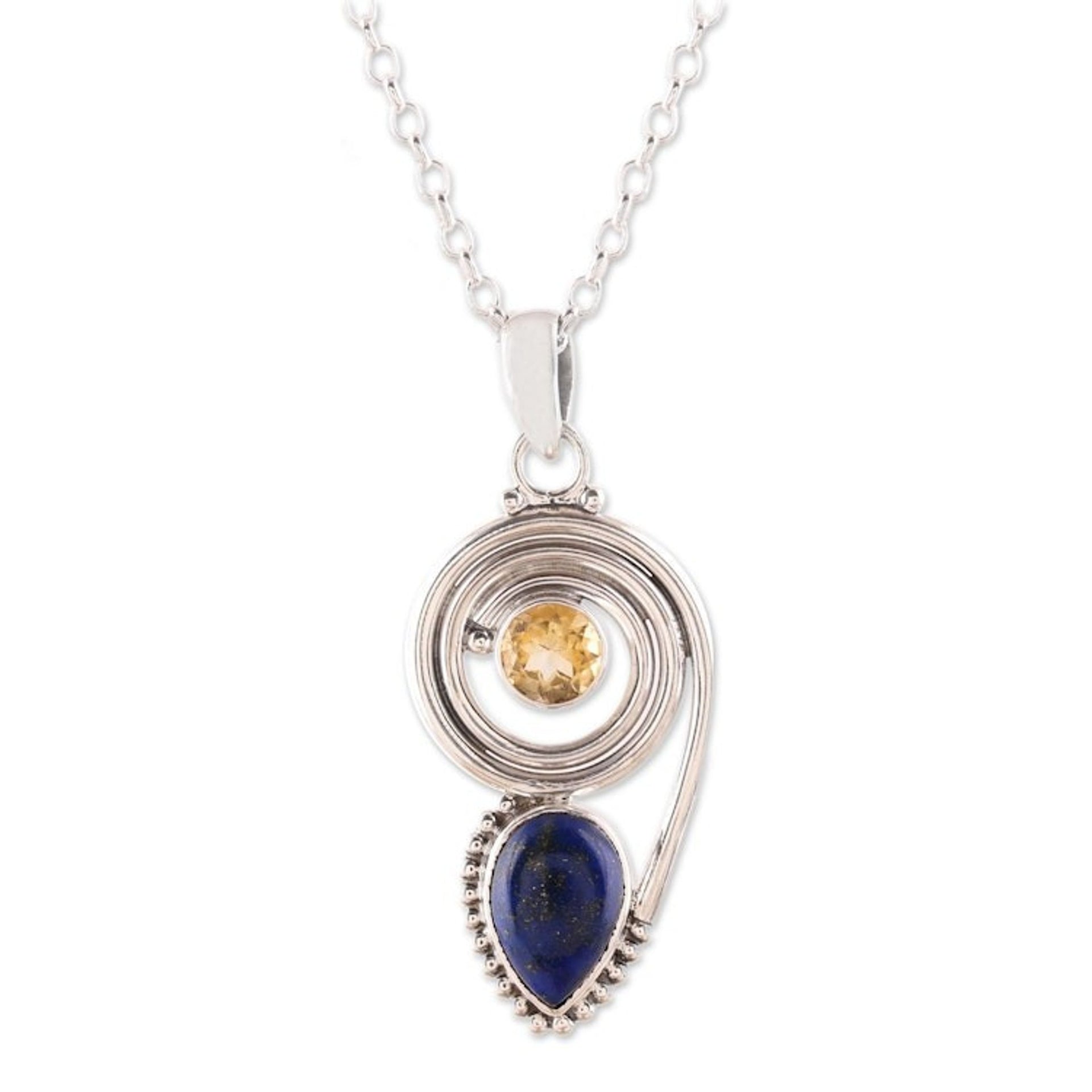 Lapis Lazuli and Citrine Pendant Necklace from India 'Wondrous Coil'