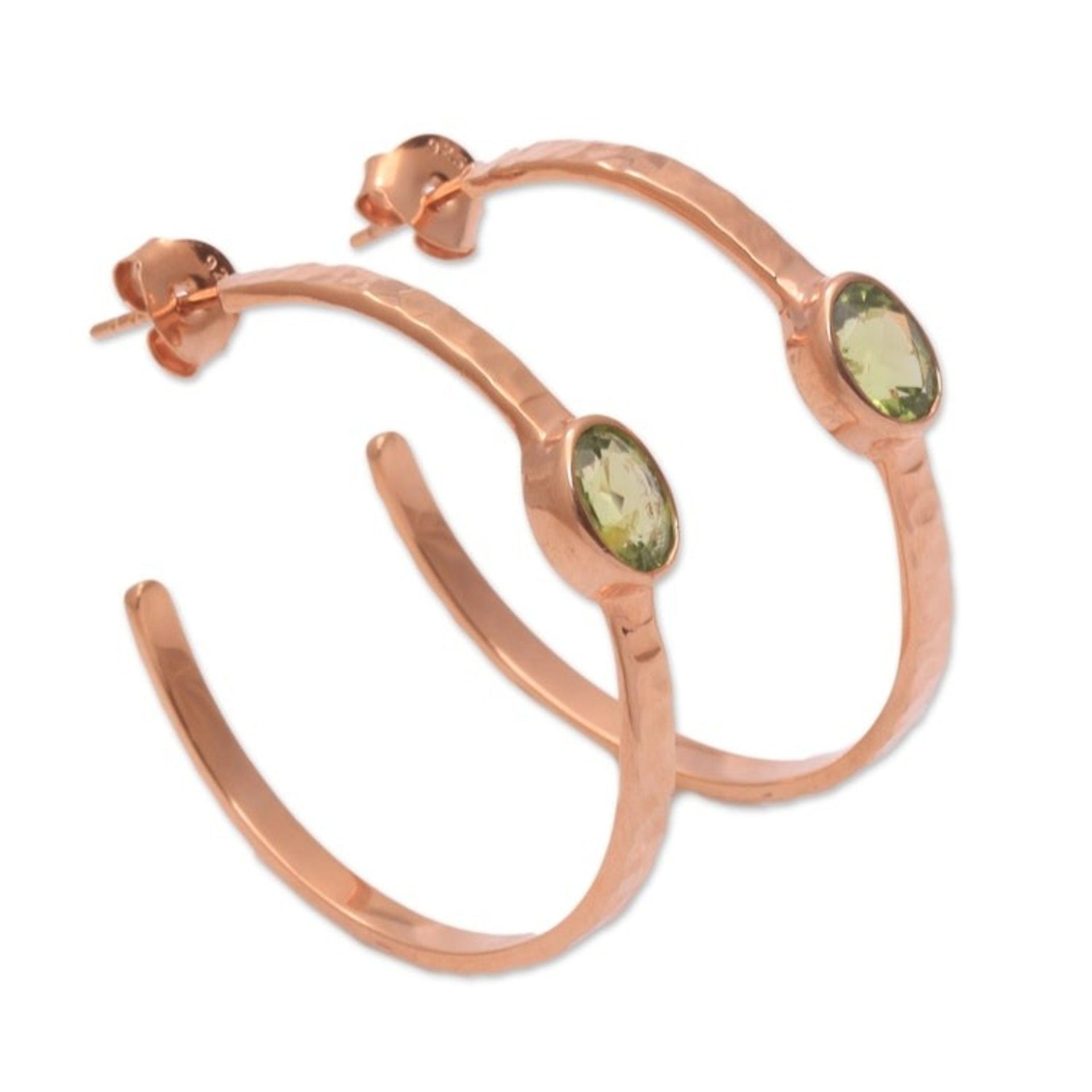 Hammered Rose Gold Plated and Peridot Half-Hoop Earrings 'Paradox'