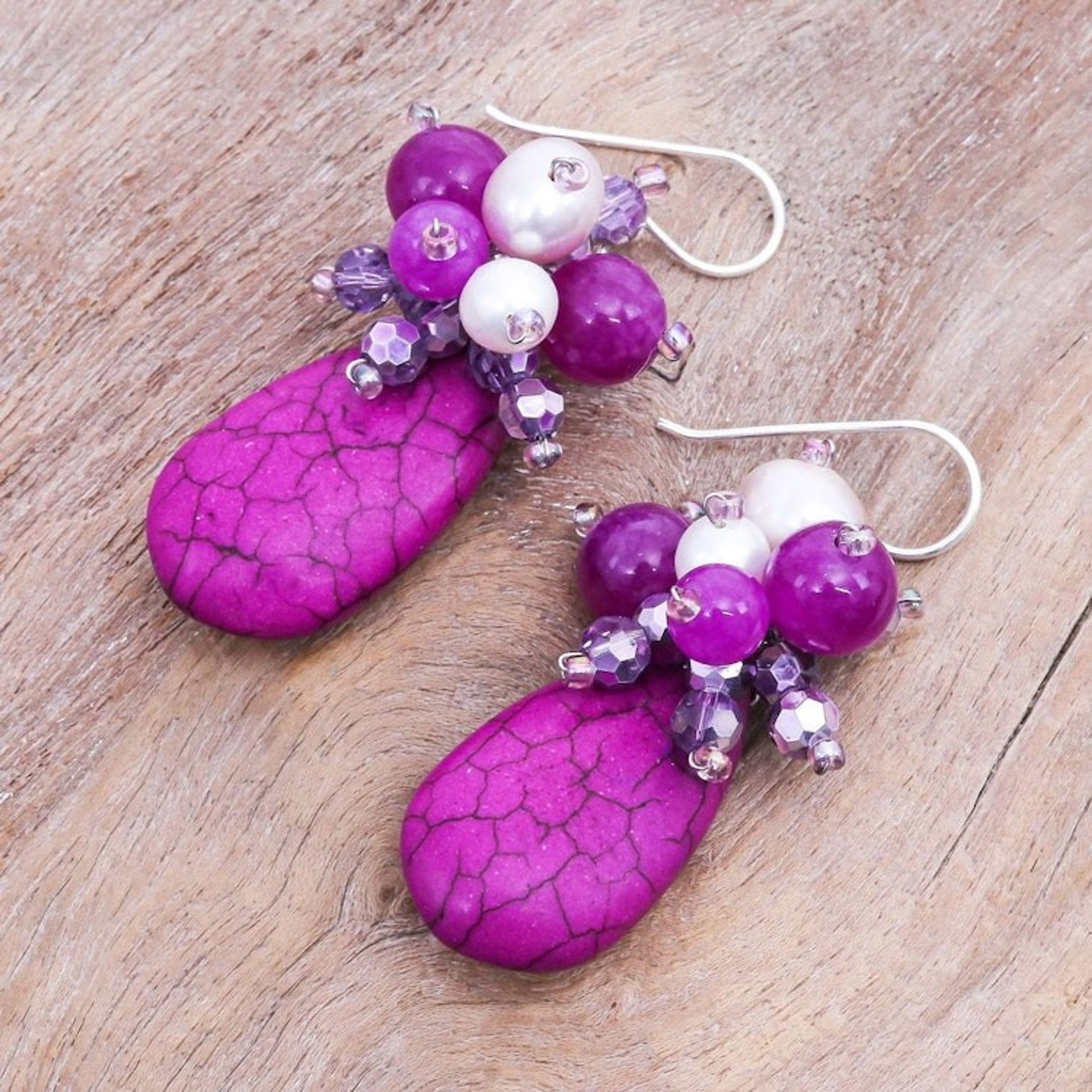 Handmade Howlite and Cultured Pearl Dangle Earrings 'Space Candy in Fuchsia'