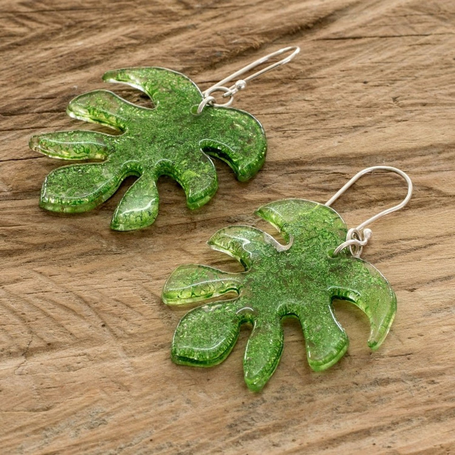 Leaf-Shaped Bright Green Recycled CD Dangle Earrings 'Forest Grace'