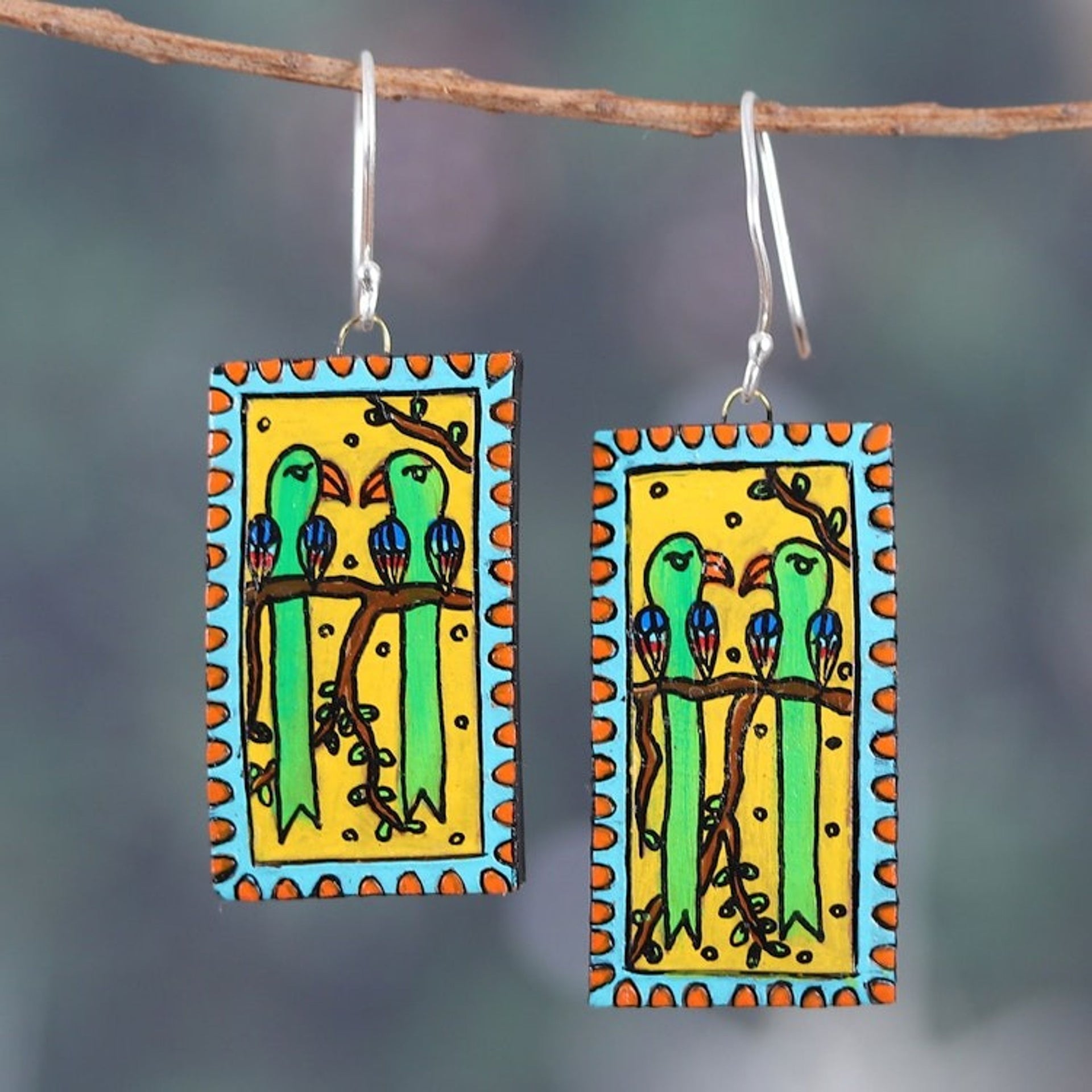 Rectangular Bird Green and Yellow Ceramic Dangle Earrings 'Love Birds'