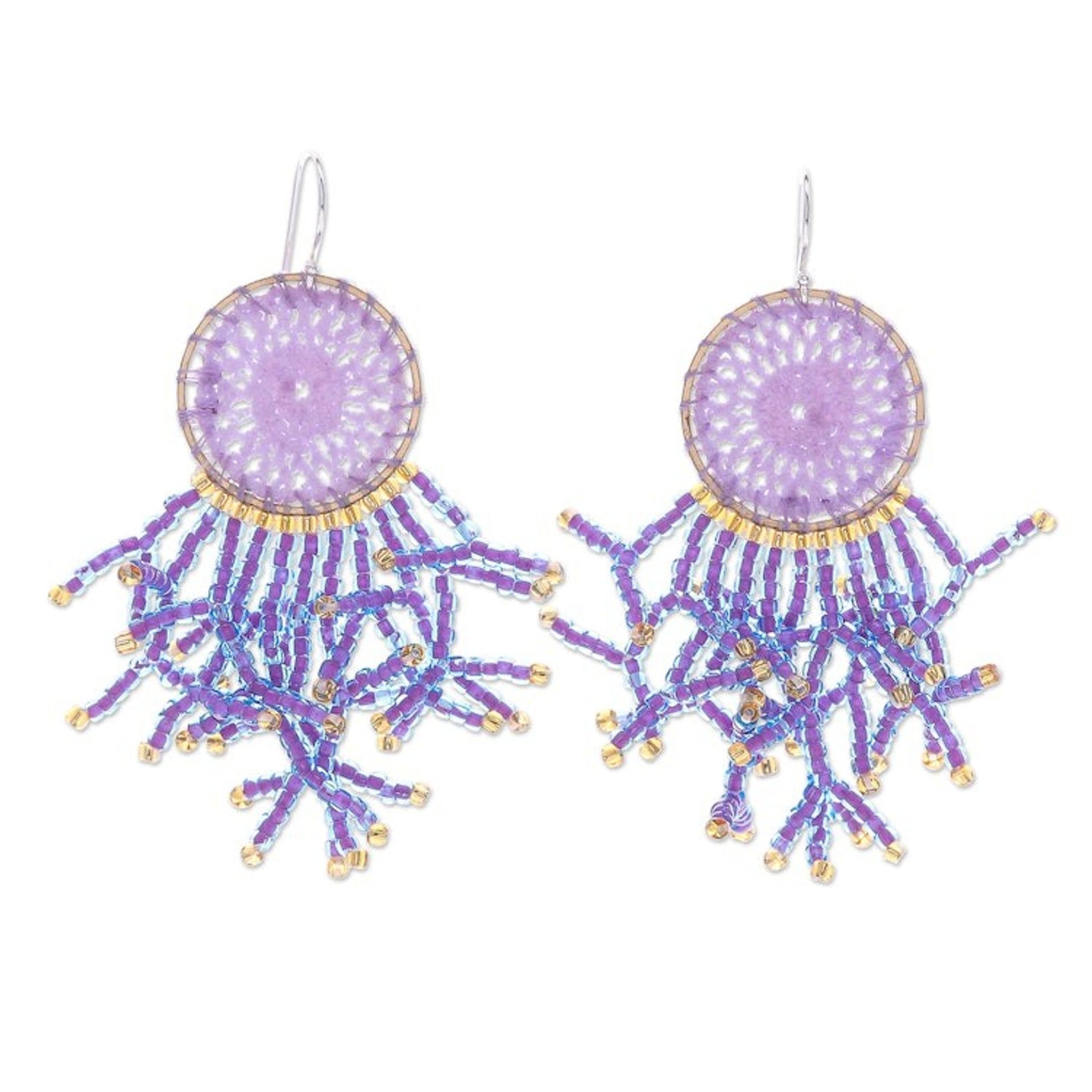 Crocheted Dreamcatcher Earrings with Orchid Glass Beads 'Dreaming Tree in Orchid'