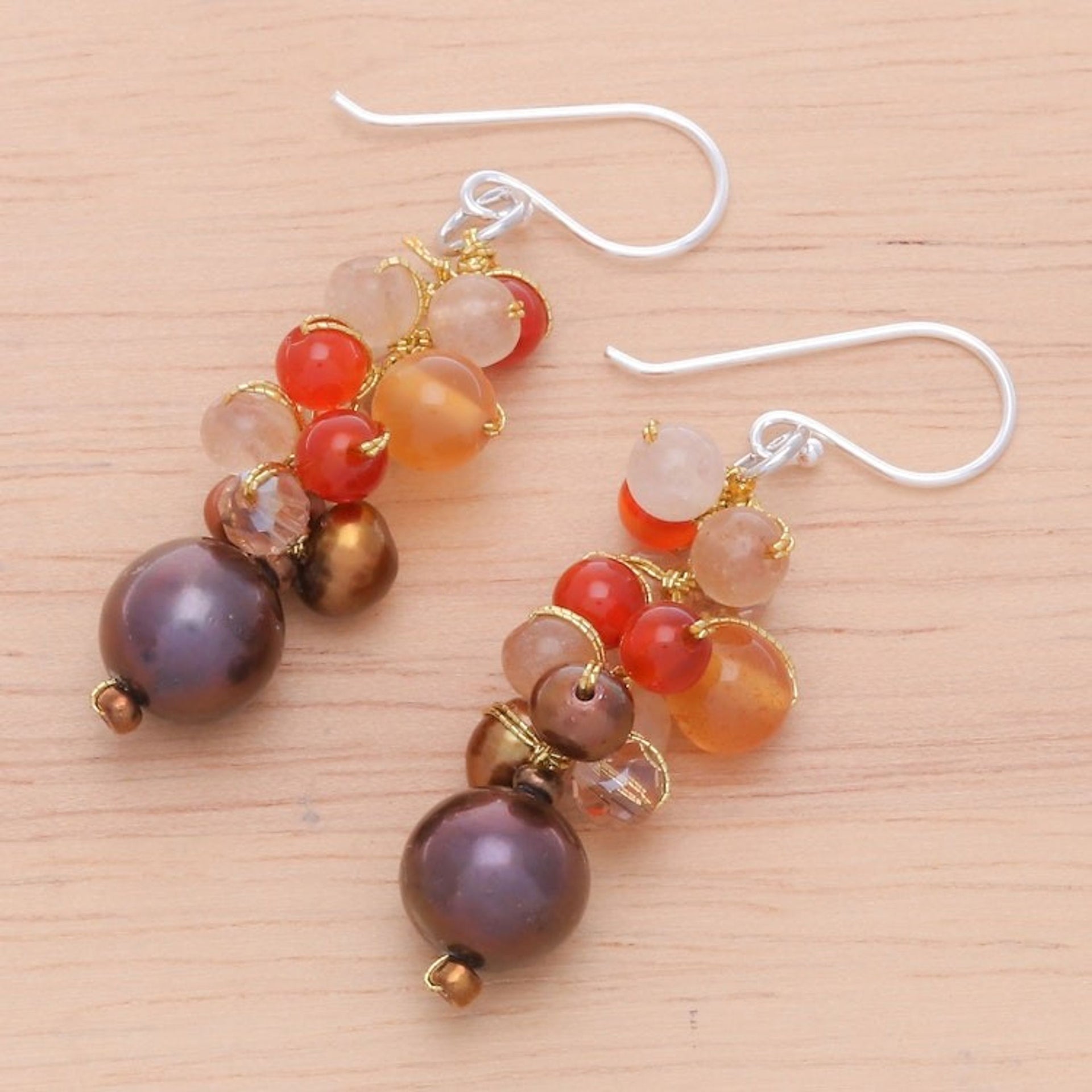 Chalcedony and Cultured Pearl Dangle Earrings 'Chocolate Truffle'