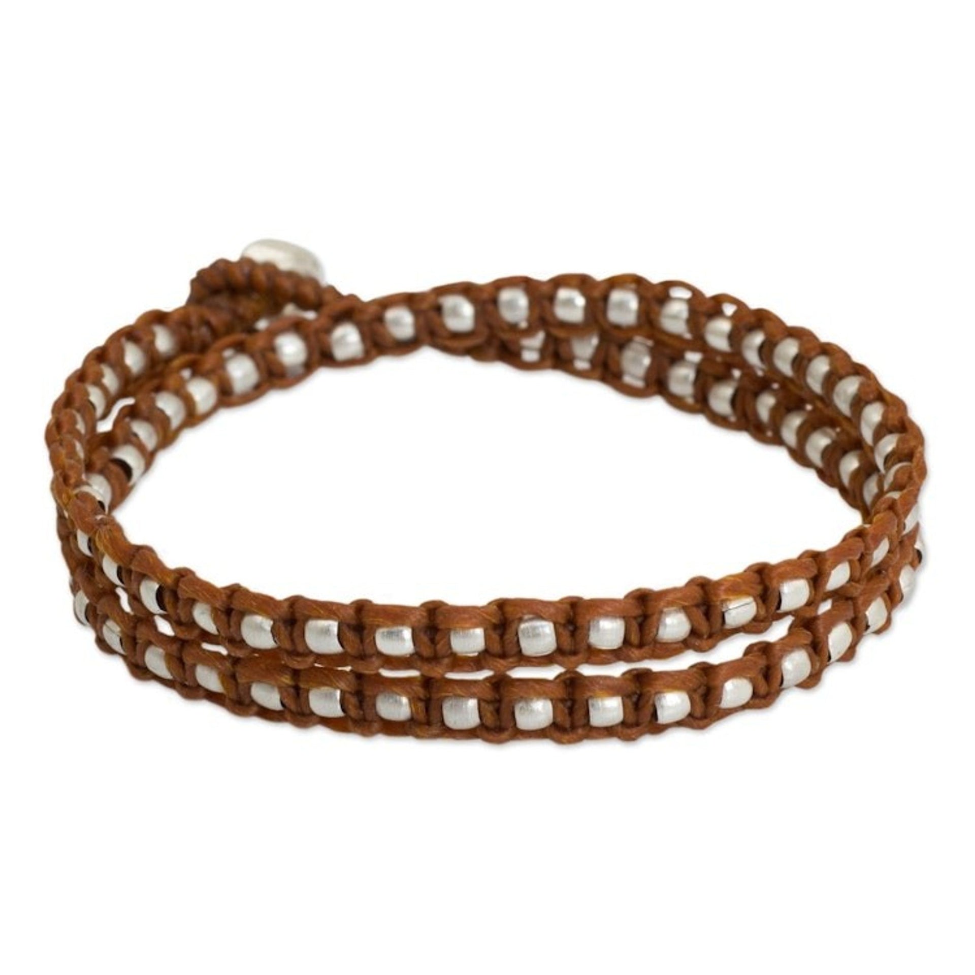 Silver Accents Wrap Bracelet Thai Hill Tribe Jewelry 'Floral Moon in Brown'