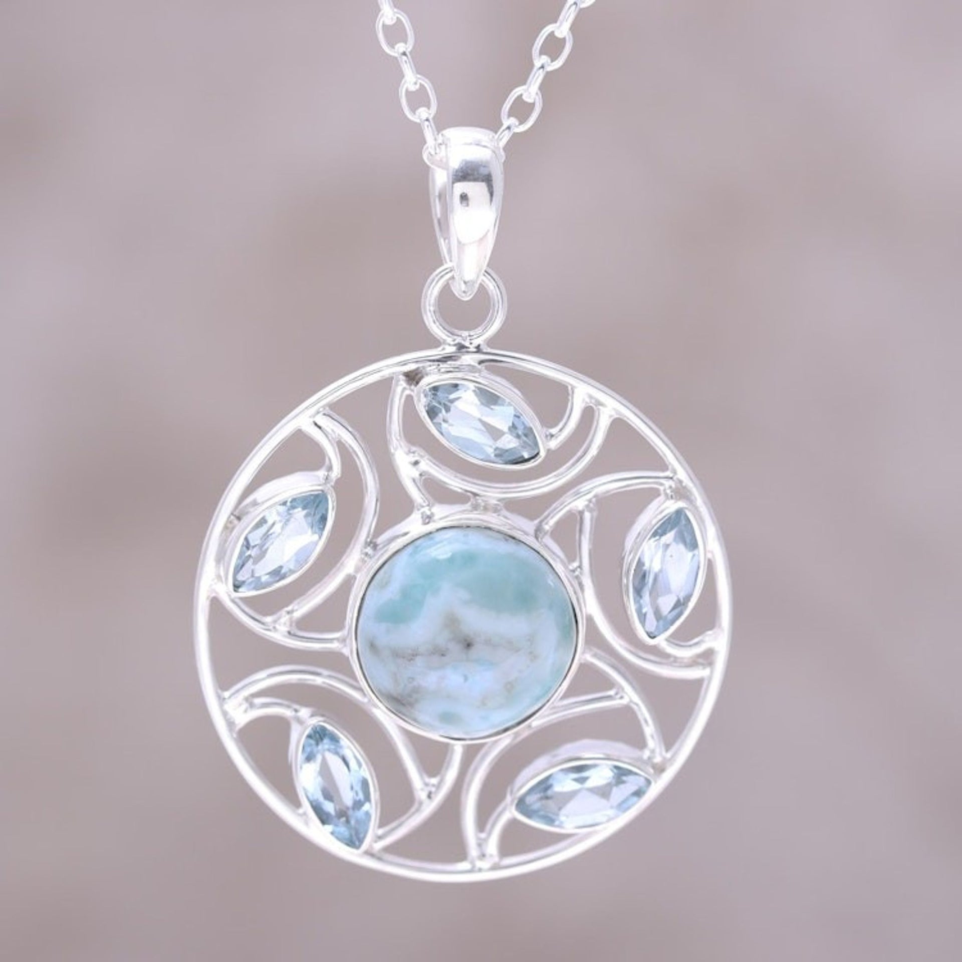 Sterling Silver Larimar Blue Topaz Round Pendant Necklace 'Blue Wheel'