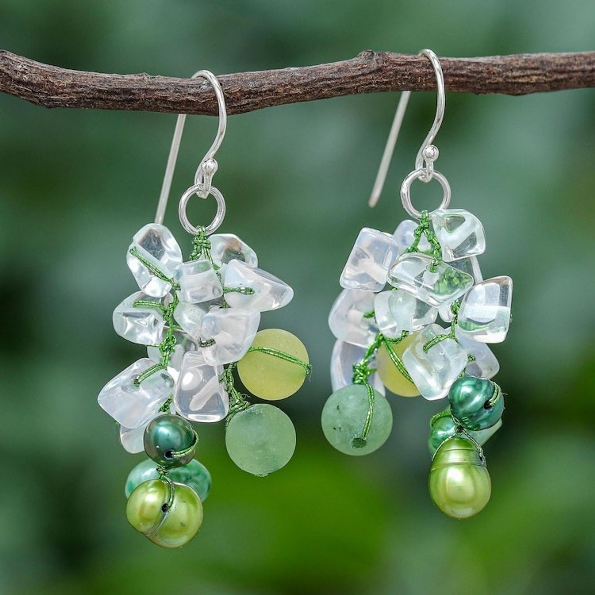 Green Cultured Pearl and Rainbow Moonstone Dangle Earrings 'Eye Candy in Green'