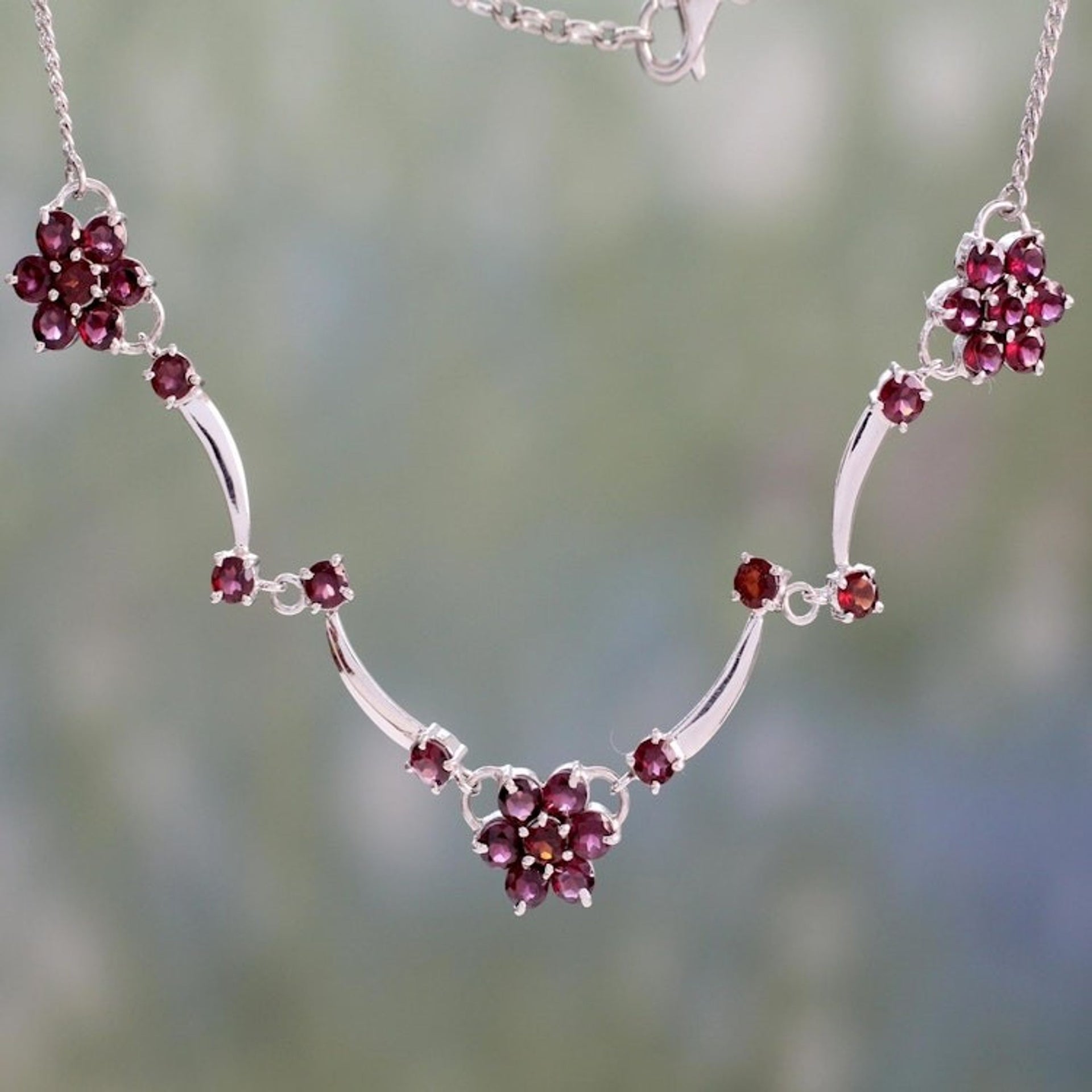 Garnet Flowers on Sterling Silver Necklace from India 'Blushing Daisies'
