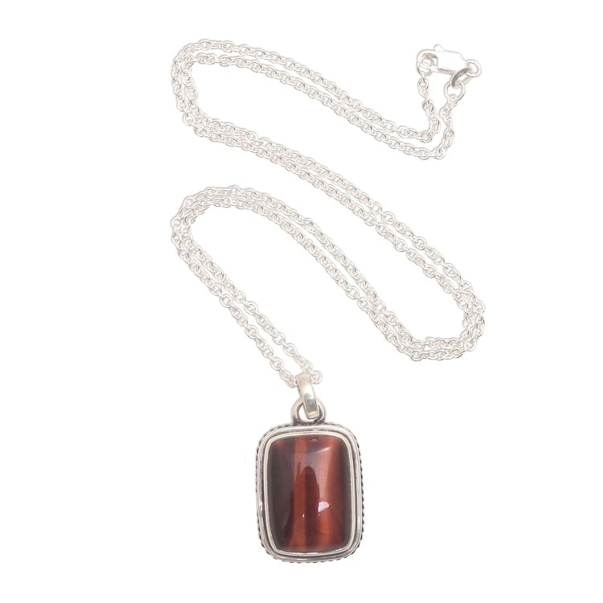 Rectangular Red Tiger's Eye Pendant Necklace from Bali 'Red Rectangle'