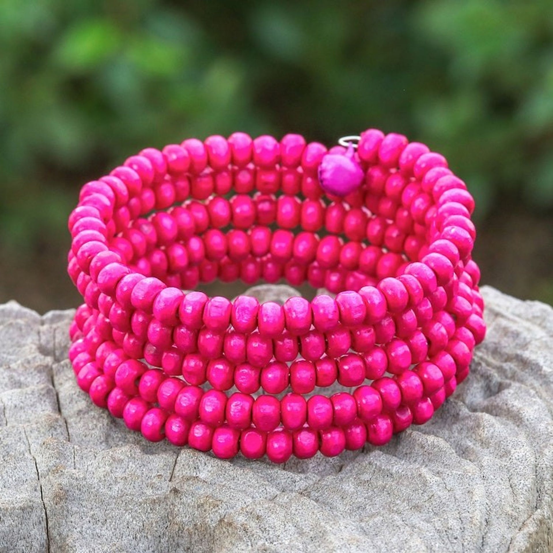 Fuchsia Beaded Wood Wrap Bracelet with Bells 1 In 'Fuchsia Spin'