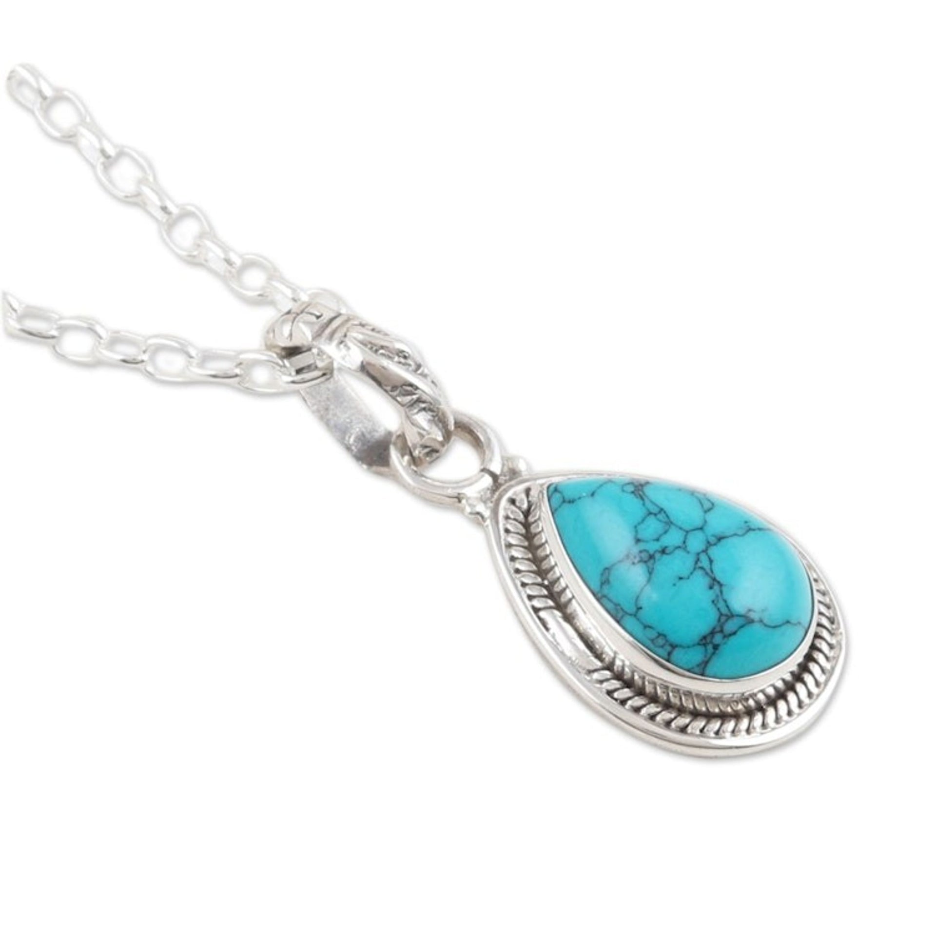 Sterling Silver Pendant Necklace with Recon Turquoise Gem 'Cool Halo Effect'