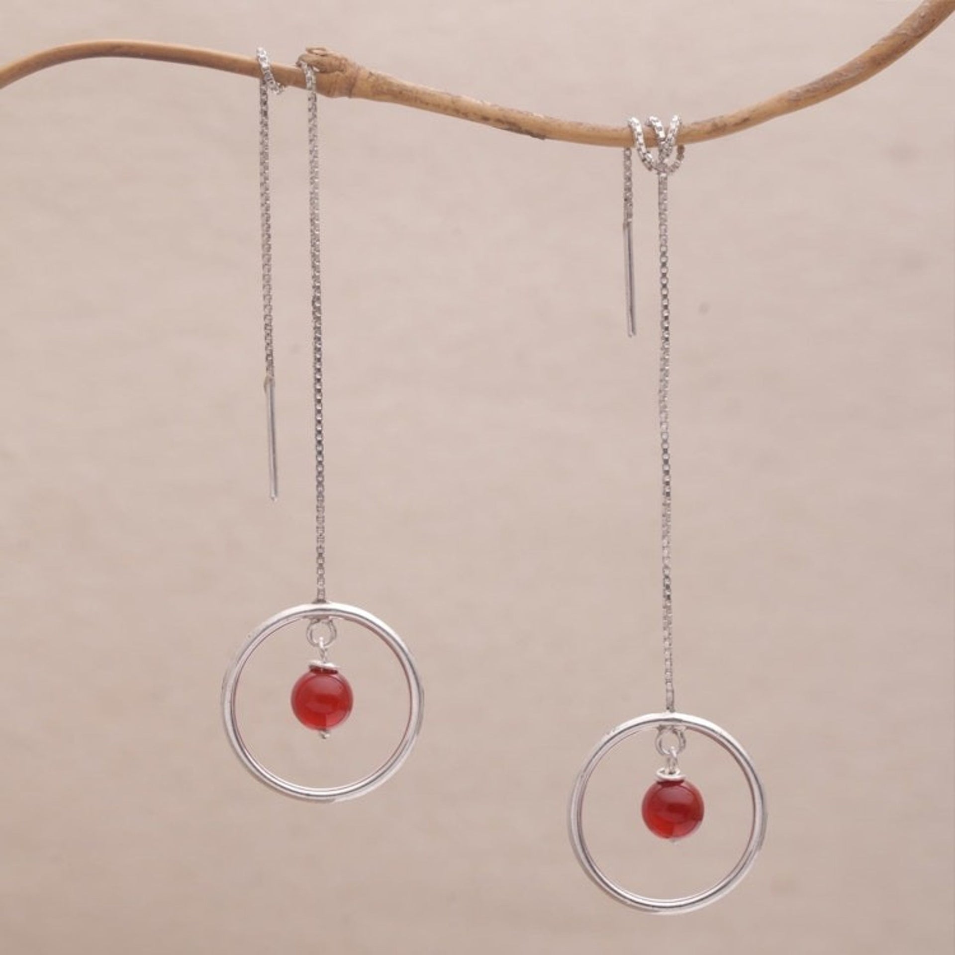Carnelian and Sterling Silver Threader Earrings form Bali 'Soulful Rings'