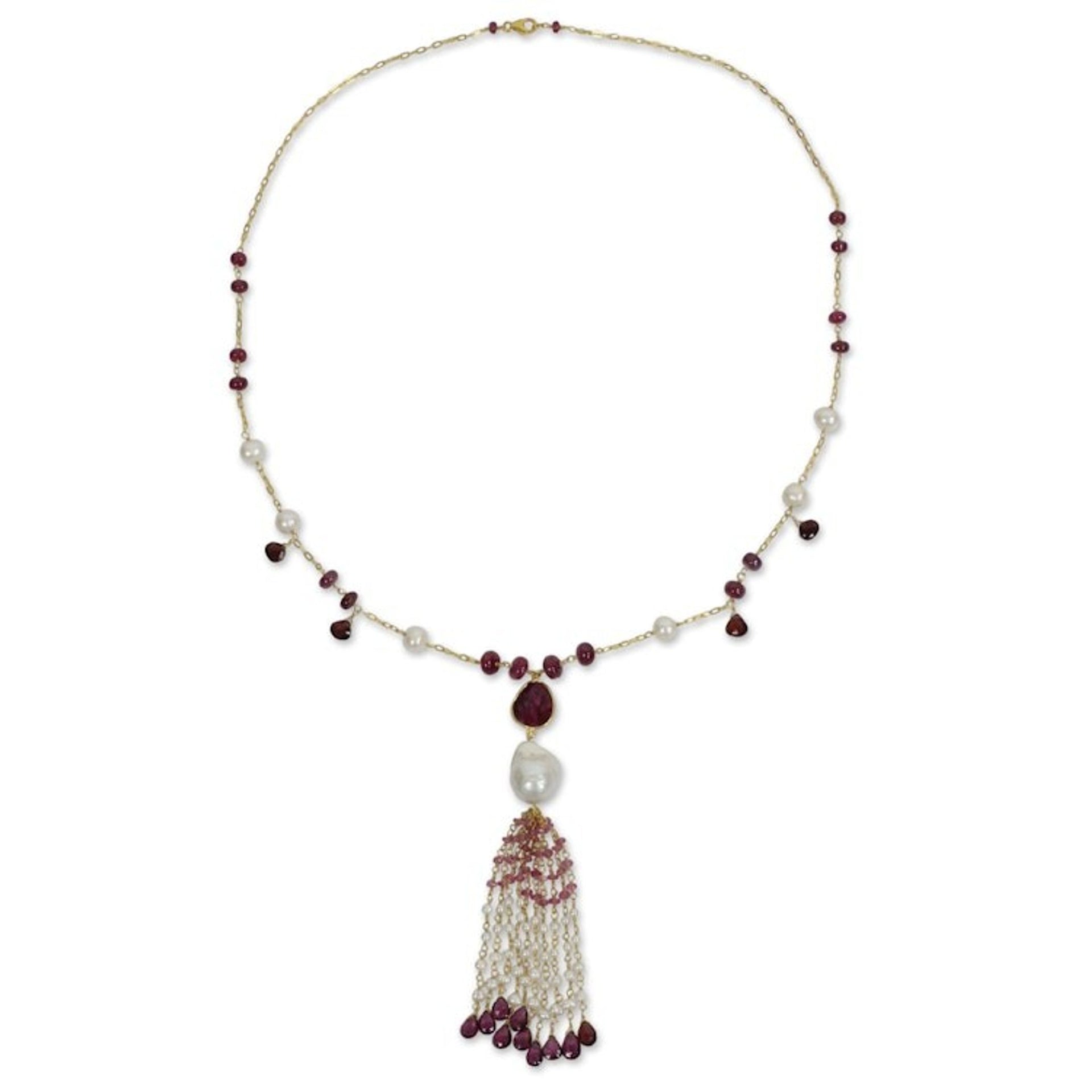 Gold Plated Silver and Gemstone Necklace with Pearl and Ruby 'Siam Sonnet'