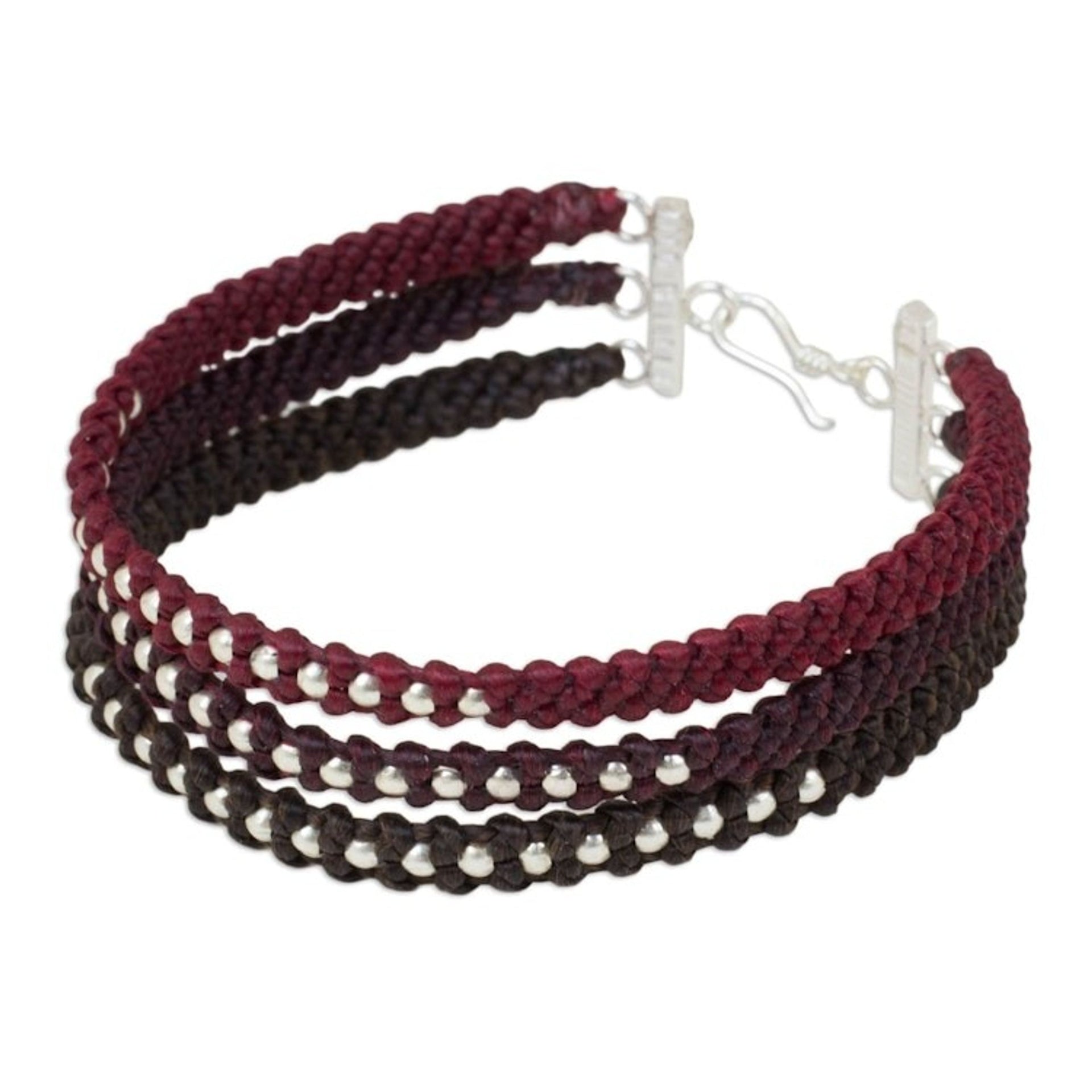 3 Colors Braided Wristband Bracelet with Silver Beads 'Tricolor Moons'