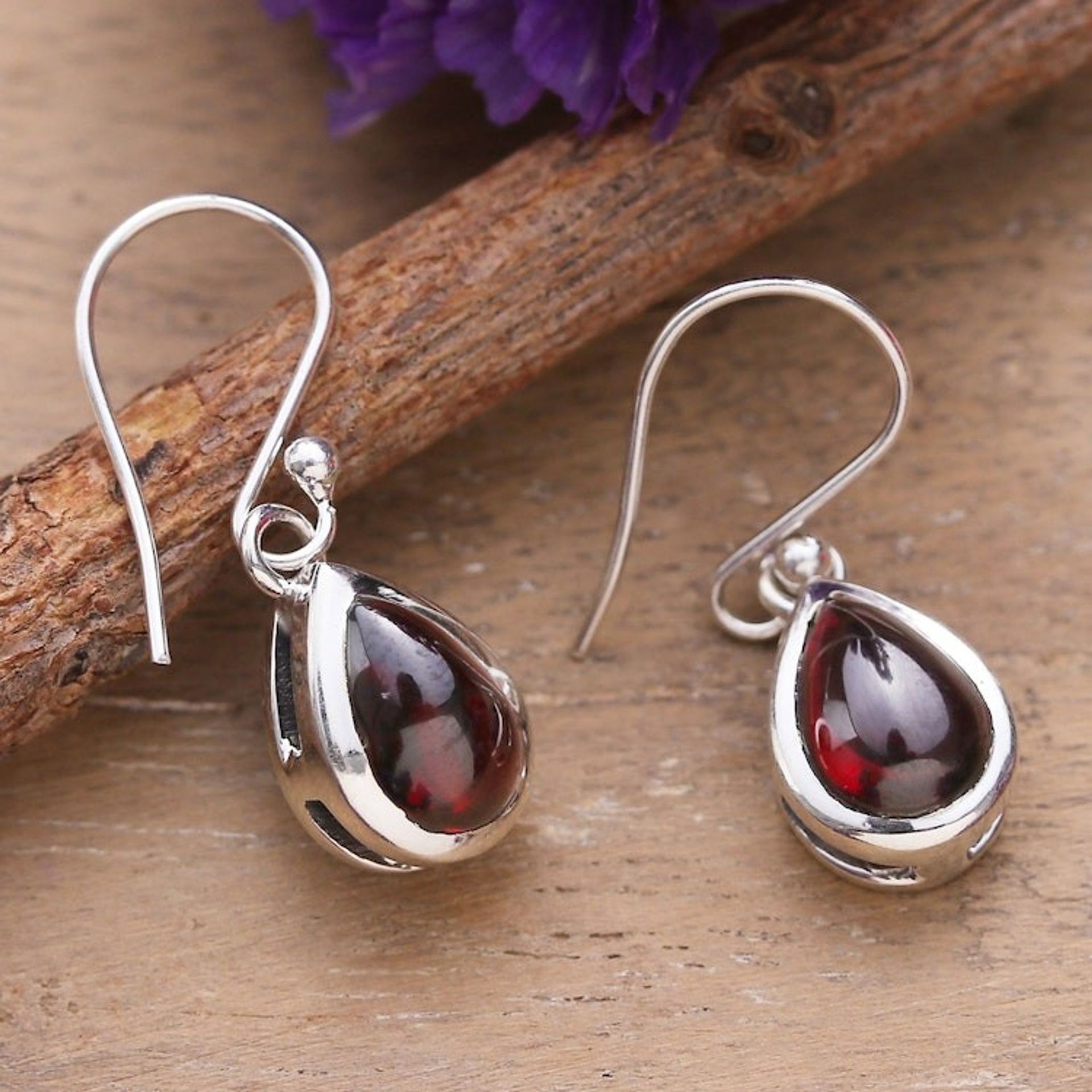 Polished Drop-Shaped Garnet Dangle Earrings from India 'Radiant Droplets'