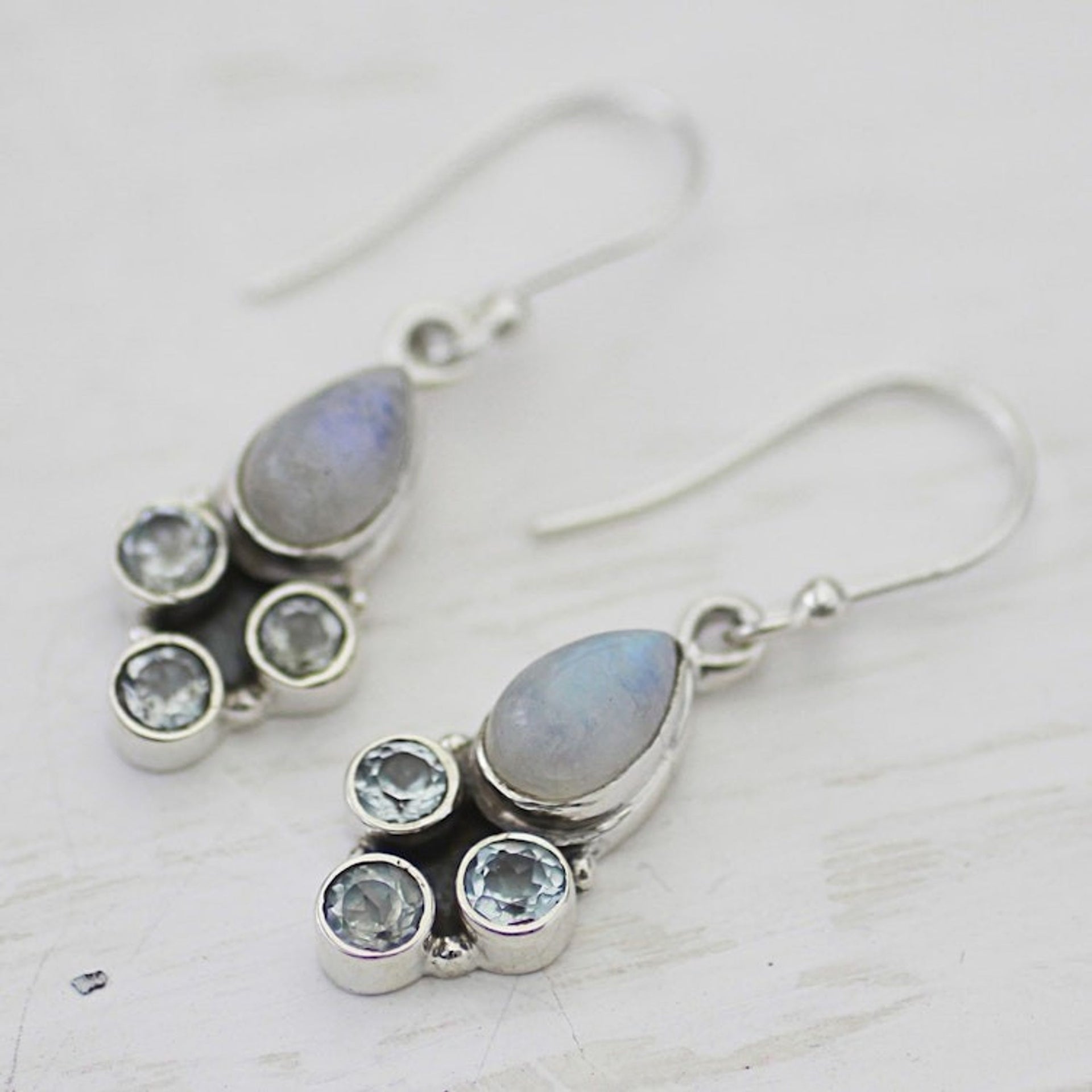 Blue Topaz and Rainbow Moonstone Dangle Earrings from India 'Enthralling Sky in Blue'
