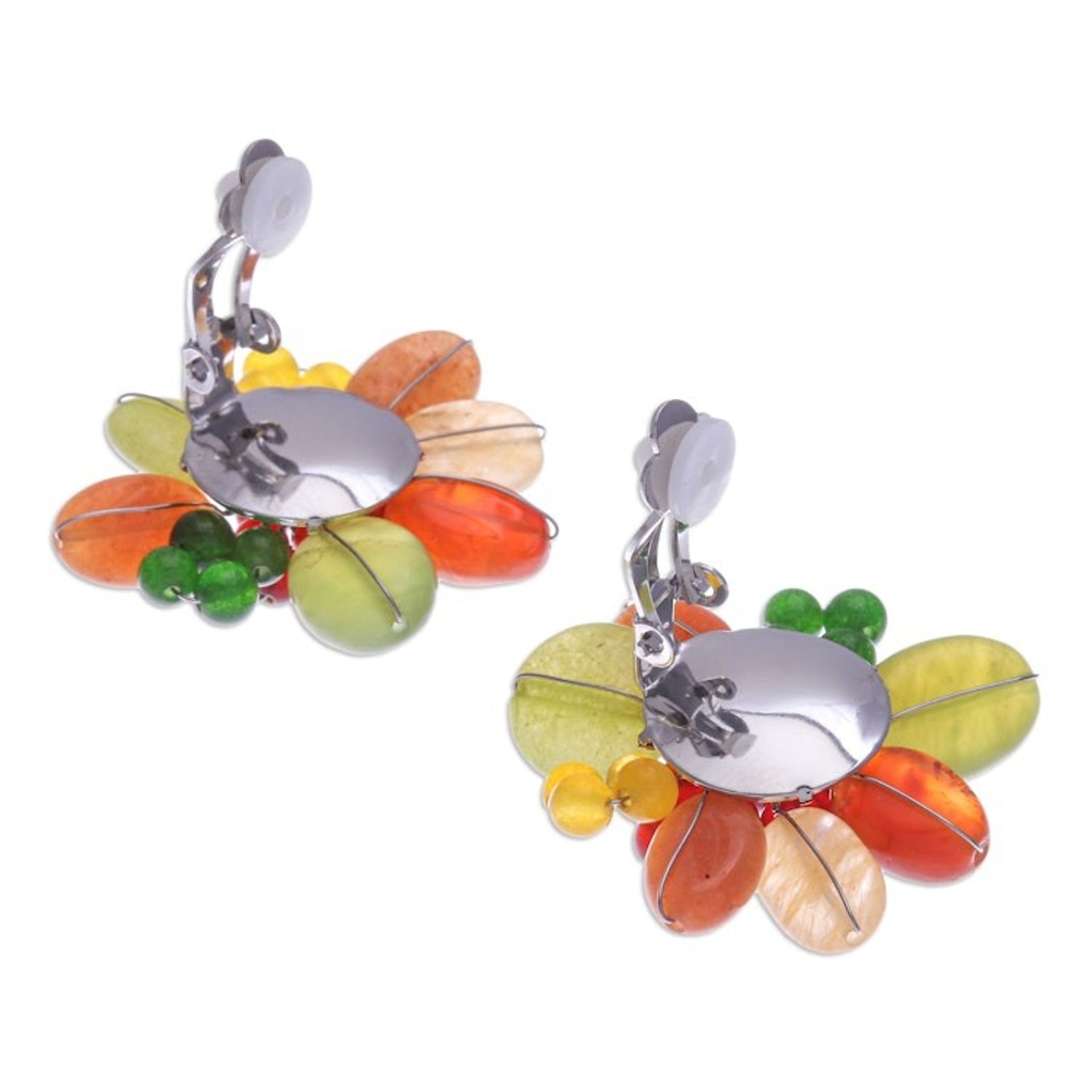 Red and Green Floral Quartz and Serpentine Clip-On Earrings 'Summer Petals'