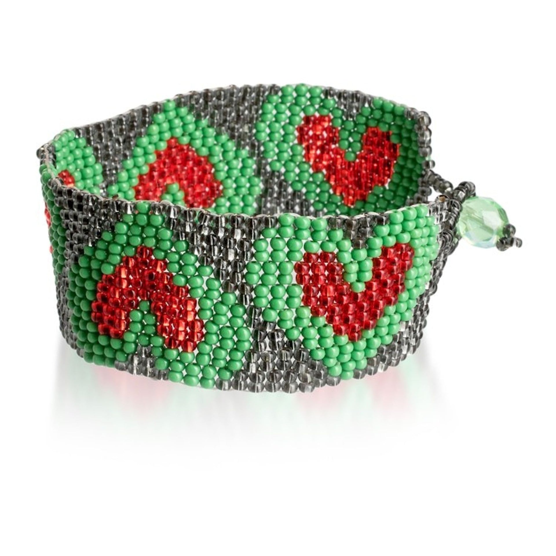 Adjustable Grey Red Green Beaded Bracelet with Heart Theme 'Green Queen of Hearts'