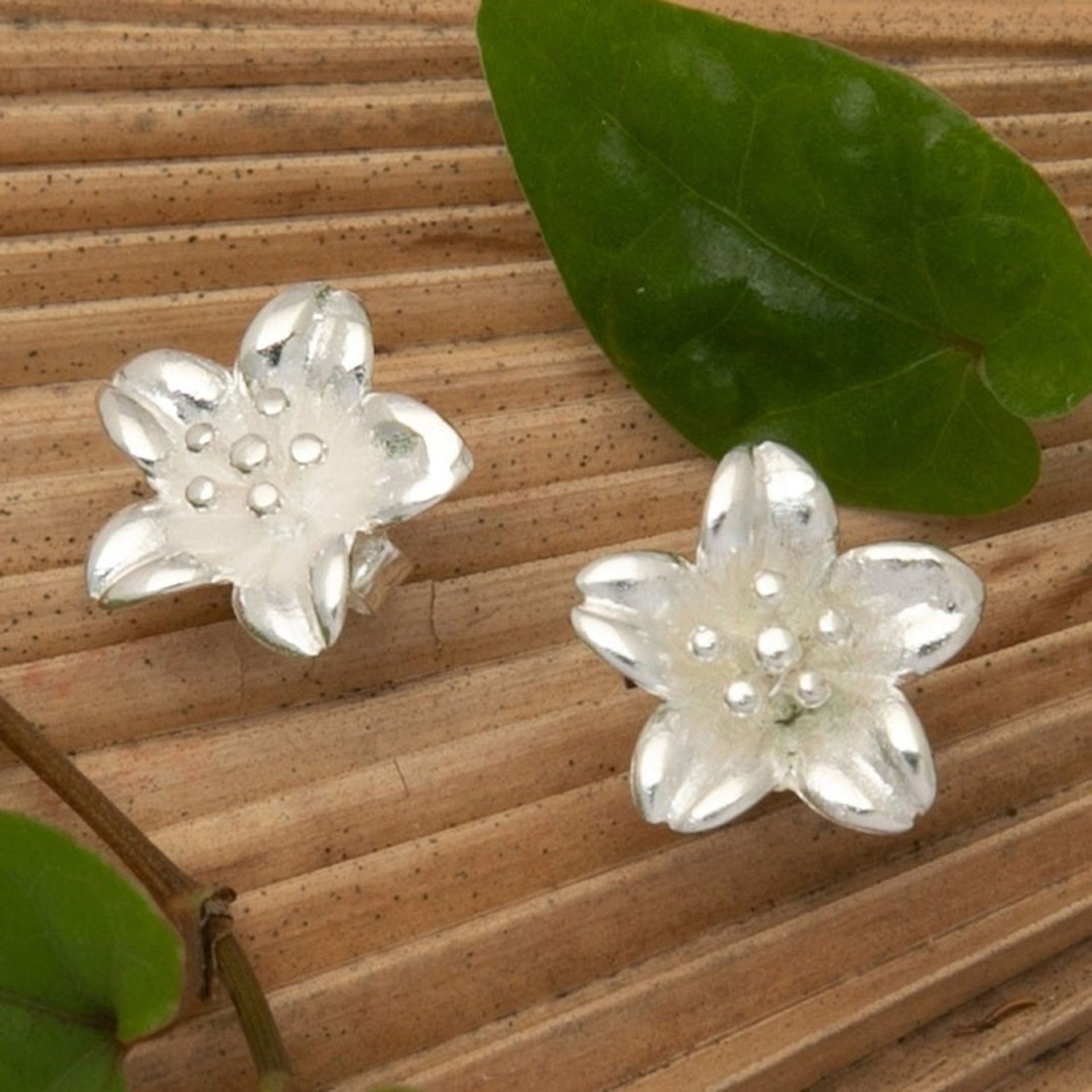 High-Polished Floral Sterling Silver Button Earrings 'Winter Frangipani'