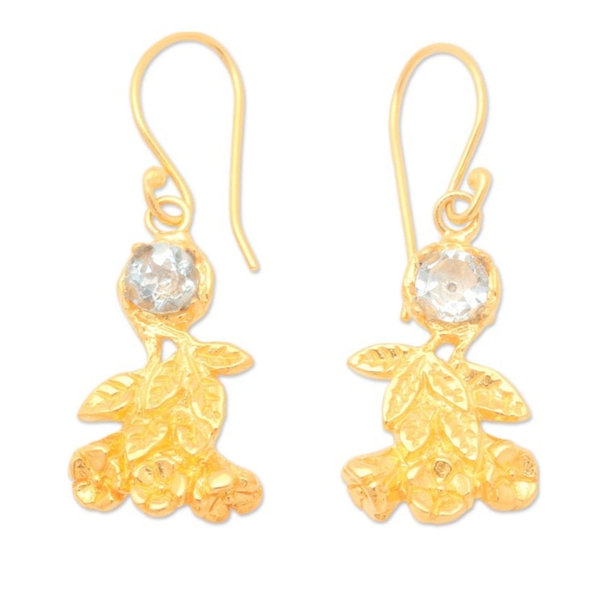 Leaf-Themed 22k Gold-Plated 1-Carat Topaz Dangle Earrings 'Leaf Victory'