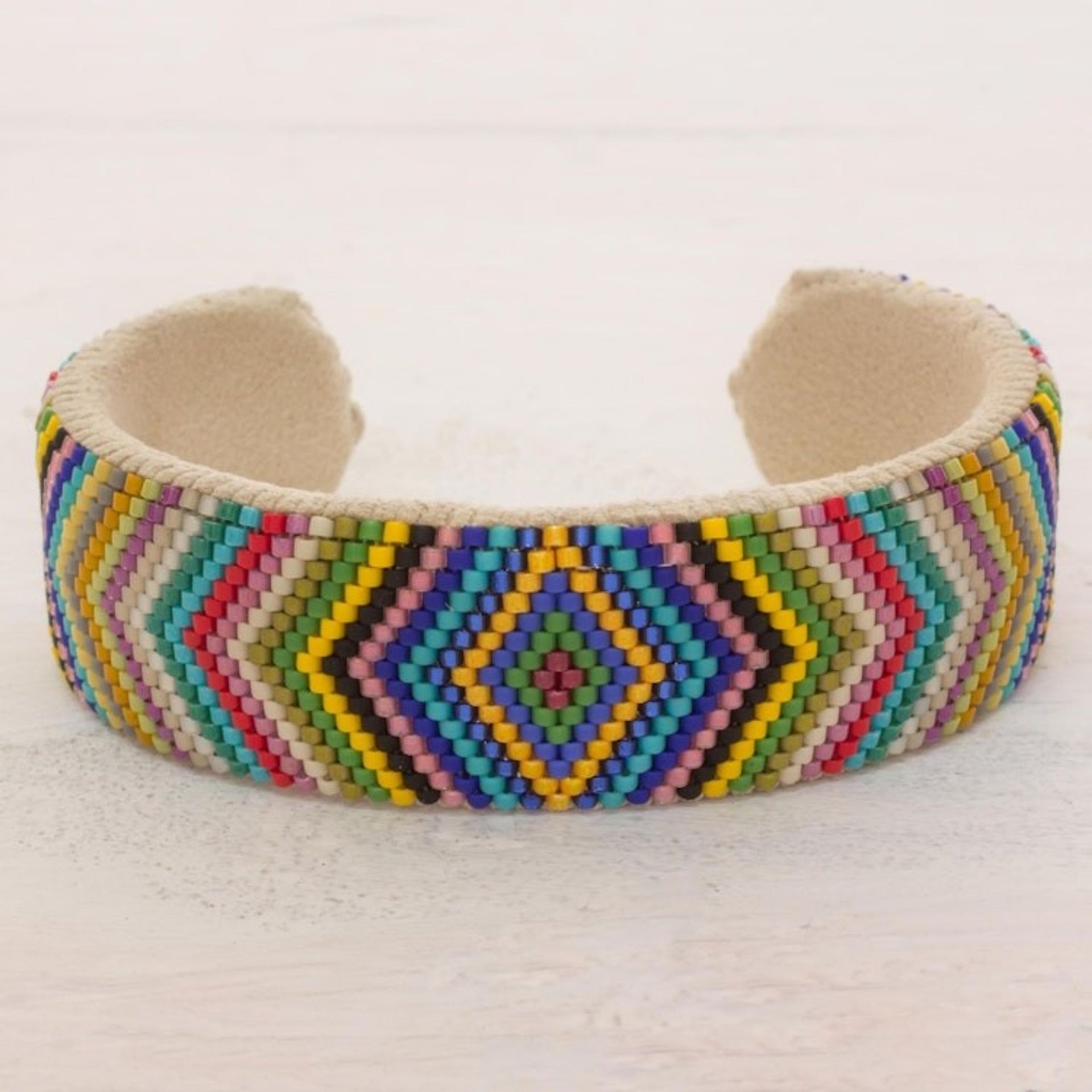 Glass Beaded Cuff Bracelet Rhombus Motif from El Salvador 'Sun's Path'