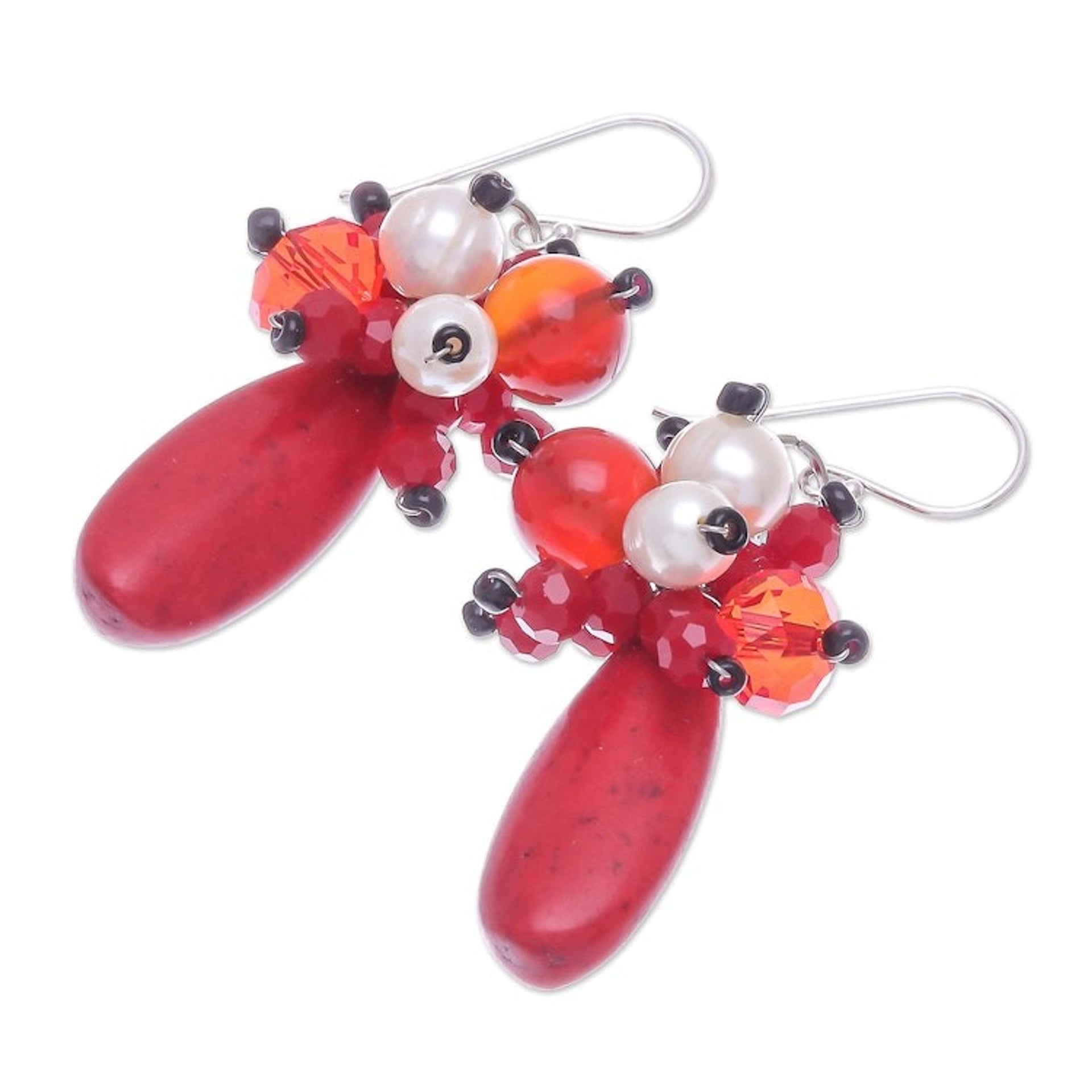 Carnelian and Cultured Freshwater Pearl Dangle Earrings 'Space Candy in Red'