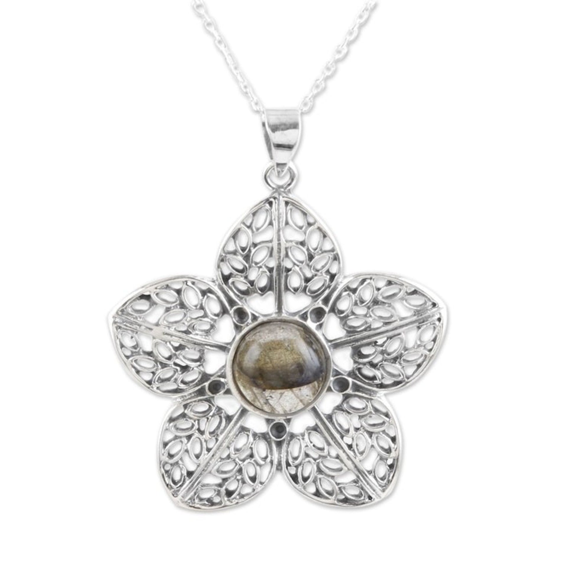 Sterling Silver Flower Pendant Necklace with Labradorite 'Floral Attraction'