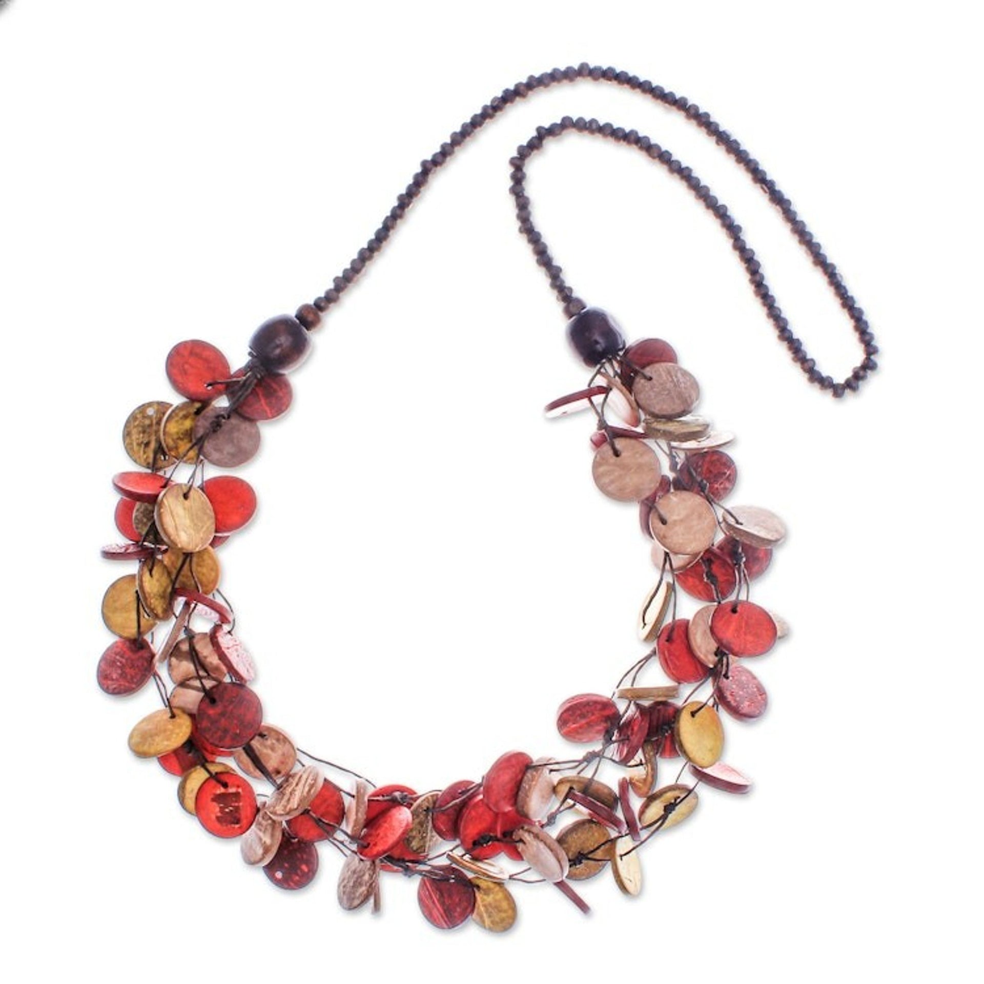 Red and Yellow Round Wood Beaded Three-Strand Necklace 'Cycles of Fire'