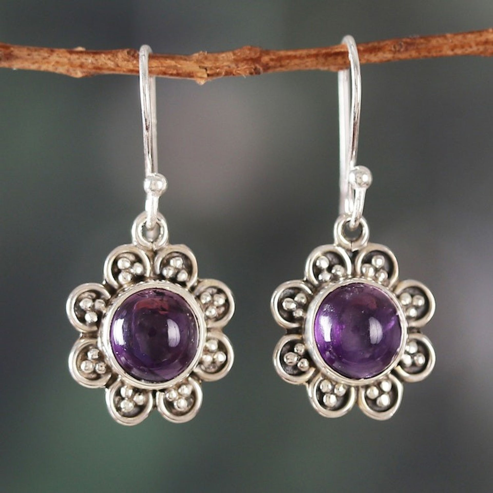 Flower-Shaped Sterling Silver and Amethyst Dangle Earrings 'Wisdom in Petals'
