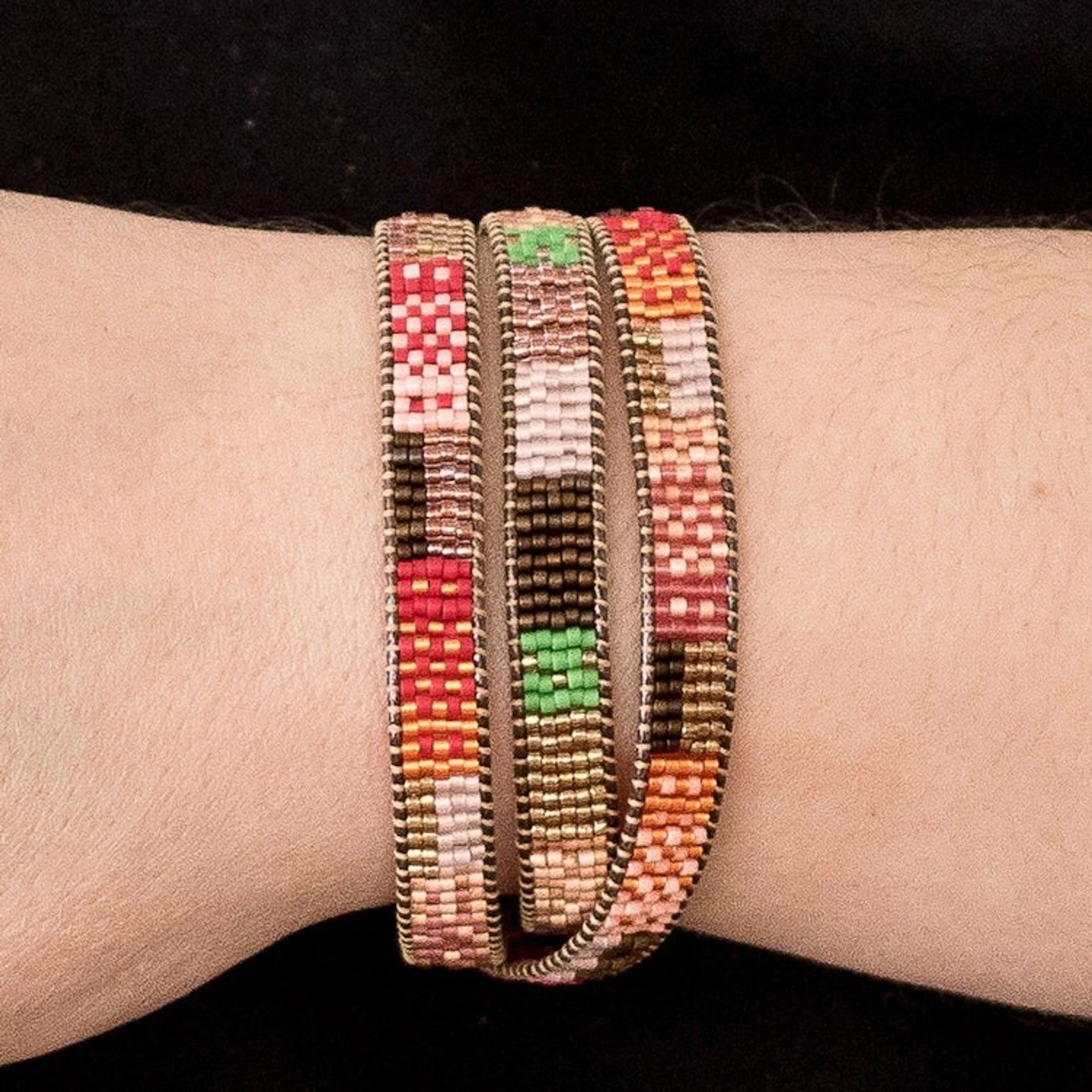Handcrafted Glass Beaded Wrap Bracelet from Guatemala 'Geometric Innovation'