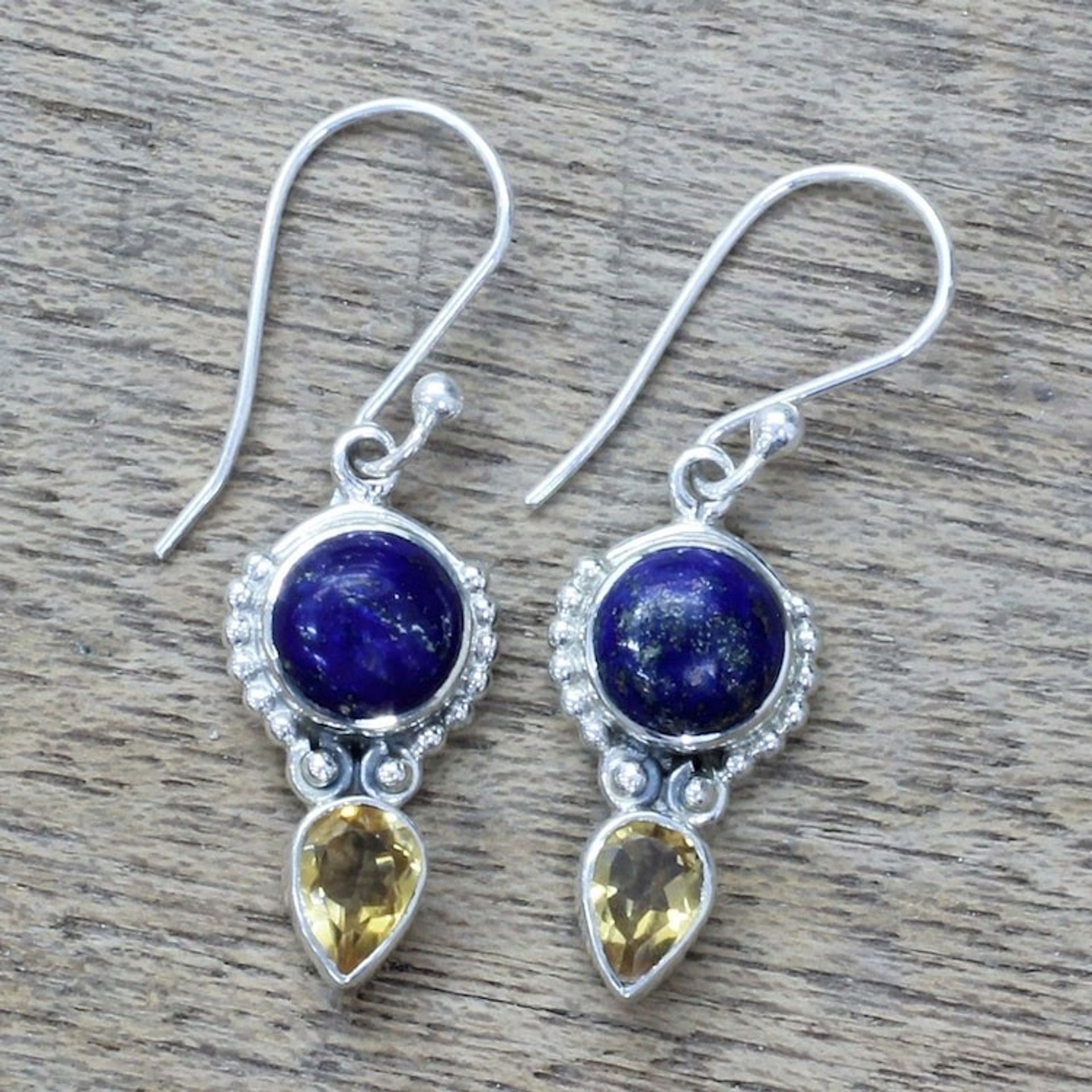 Handmade Citrine Lapis Lazuli Dangle Earrings from India 'Indian Dew'