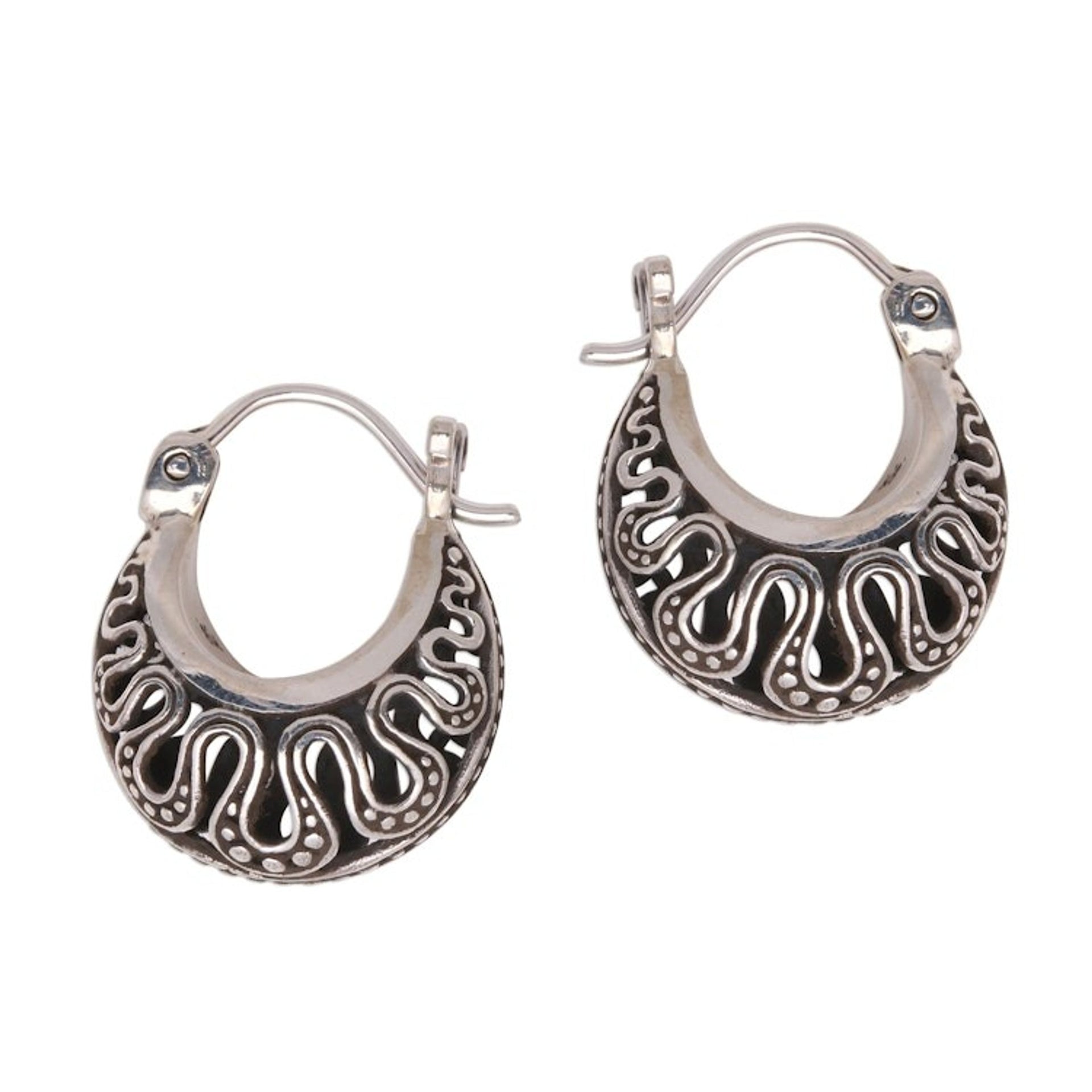 Wavy Pattern Sterling Silver Hoop Earrings from Bali 'Snaking Baskets'