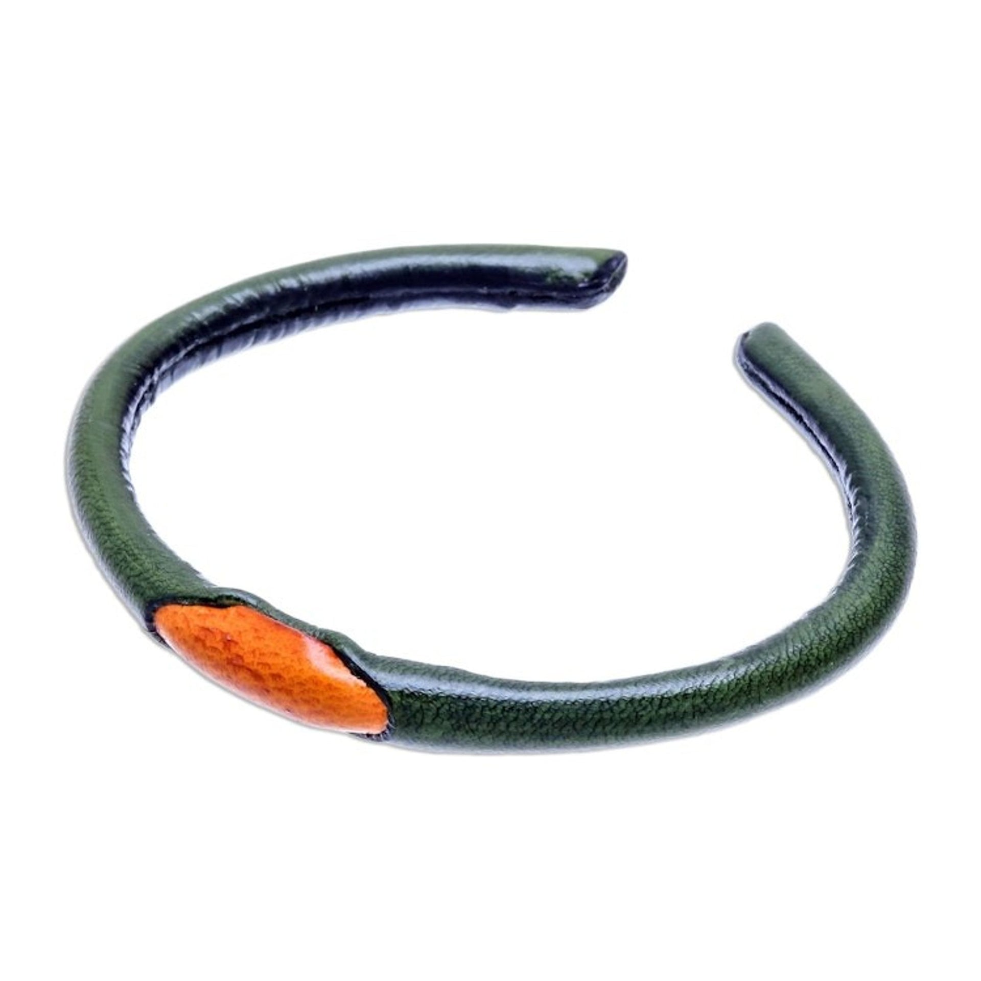 Green and Orange Leather Cuff Bracelet from Thailand 'Green-Orange Eye'