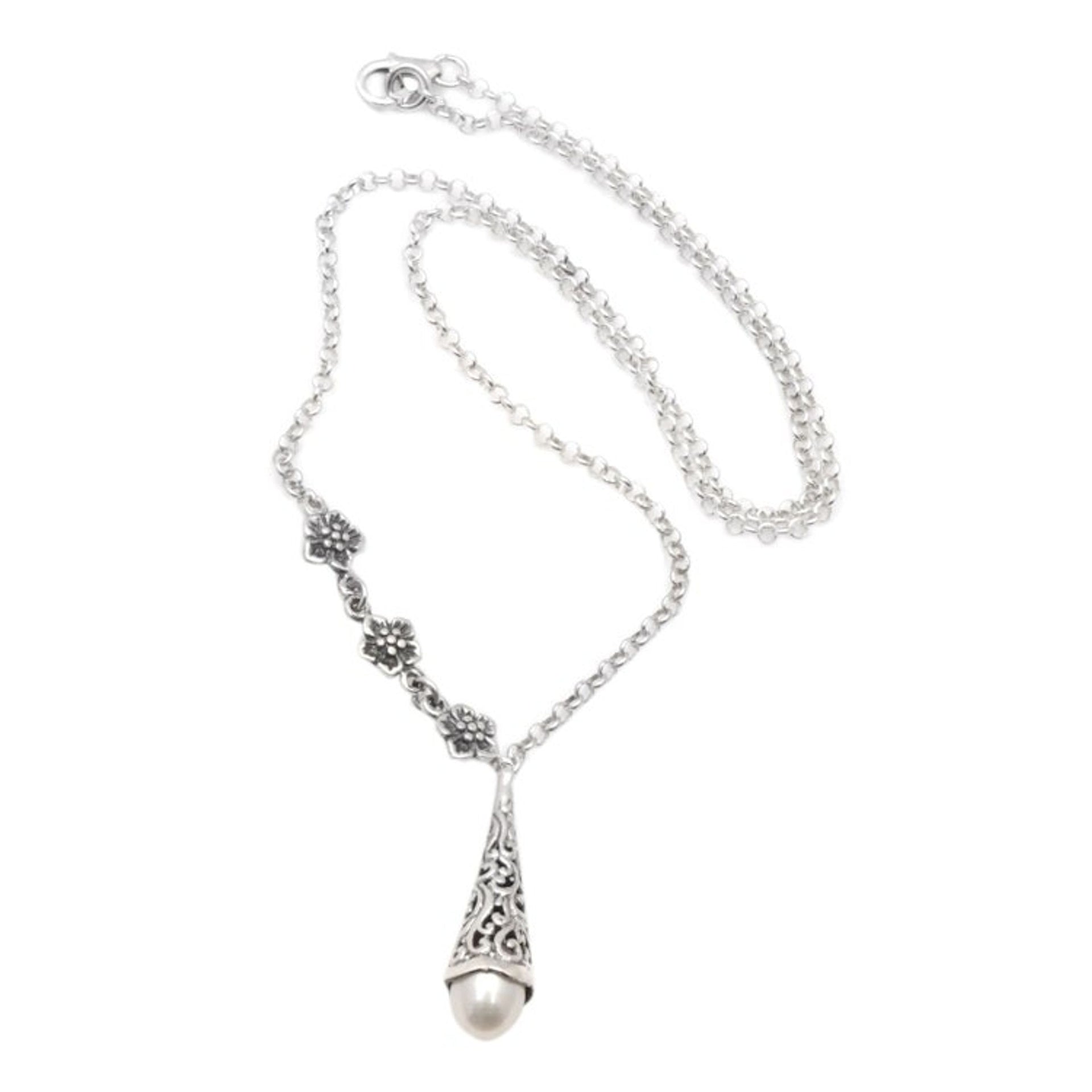 Floral Sterling Silver Pendant Necklace with Grey Pearl 'Floral Lantern'