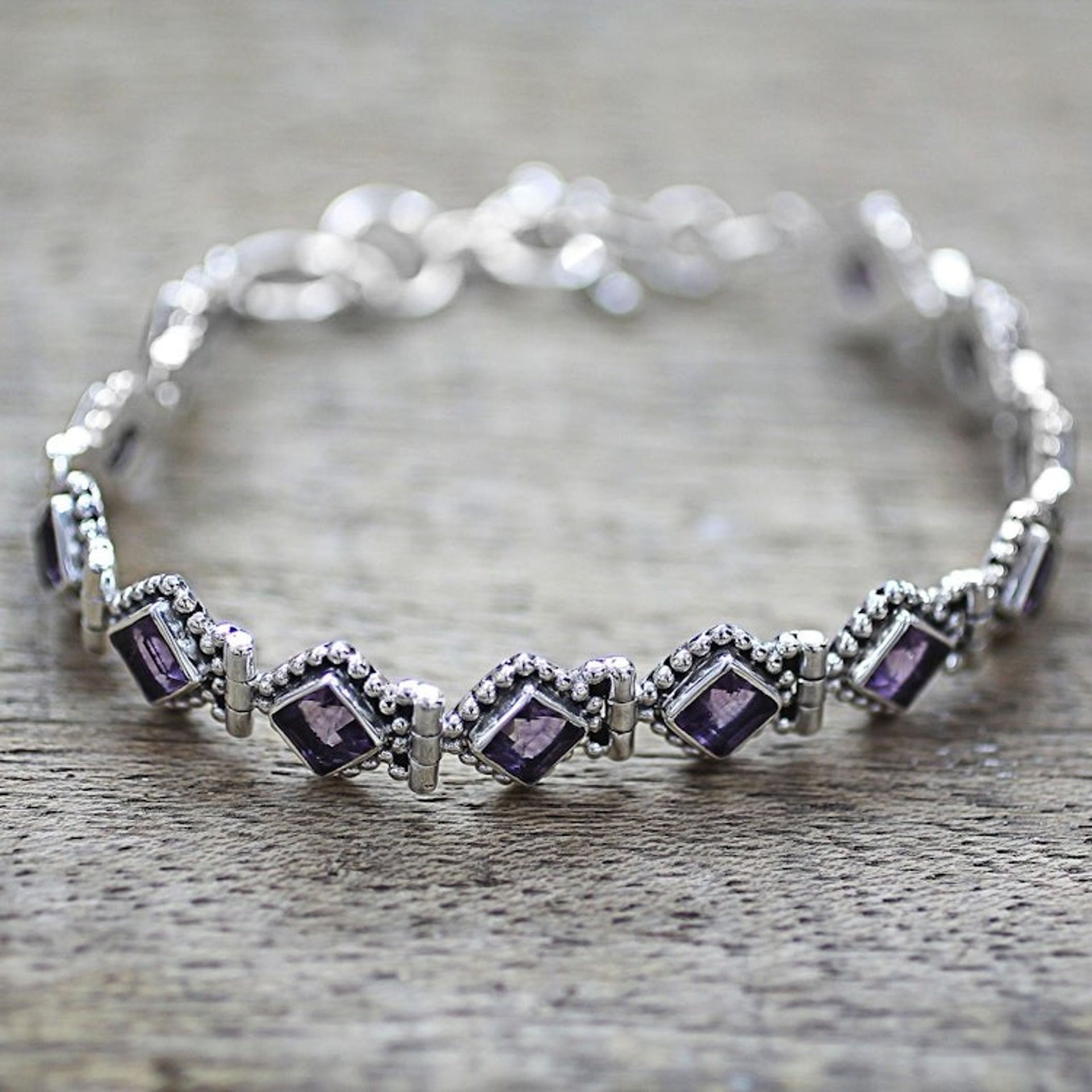 Amethyst Sterling Silver Tennis Style Bracelet from India 'Purple Voyage'