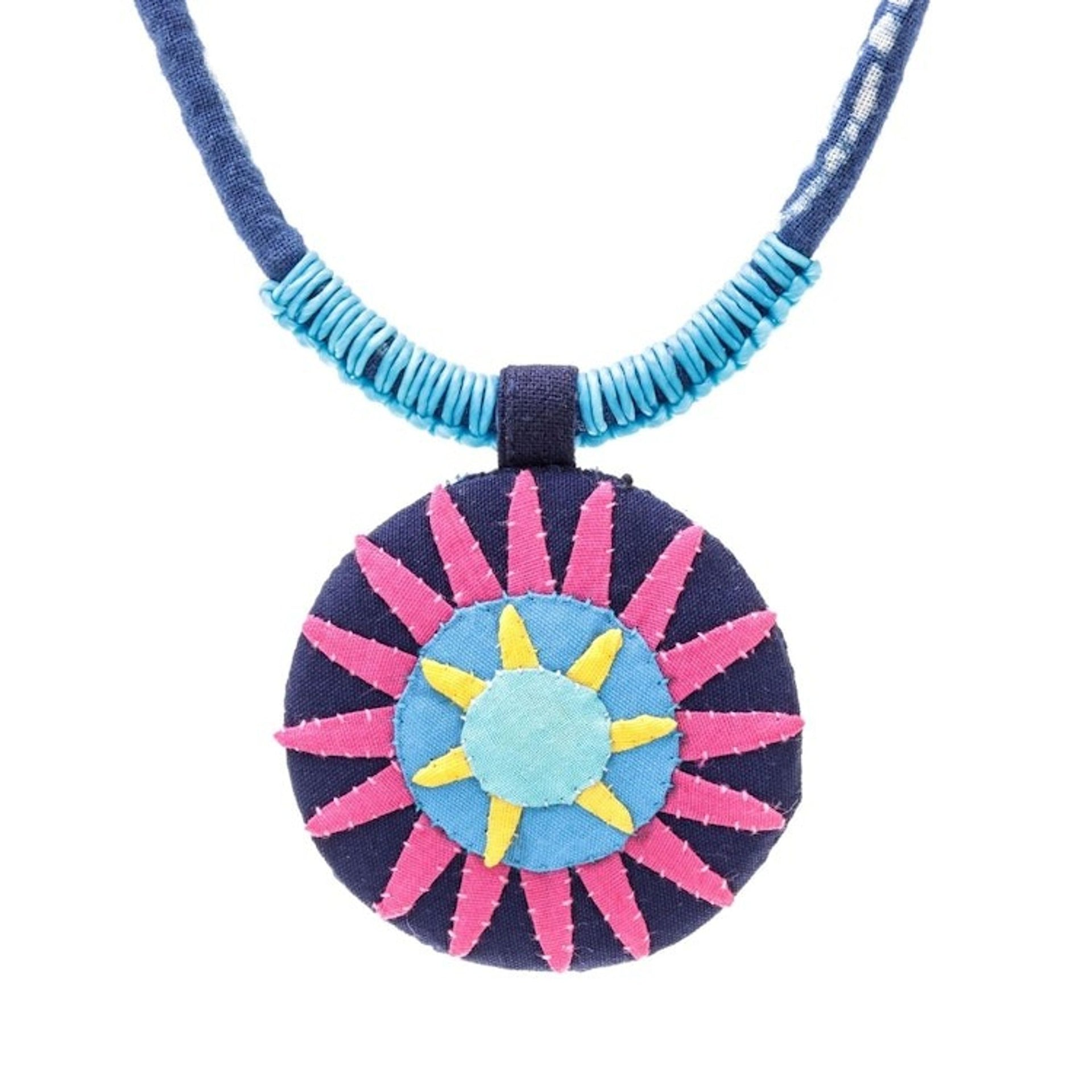 Handcrafted Cotton Pendant Necklace in Pink from Thailand 'Pink Hmong Sun Medallion'