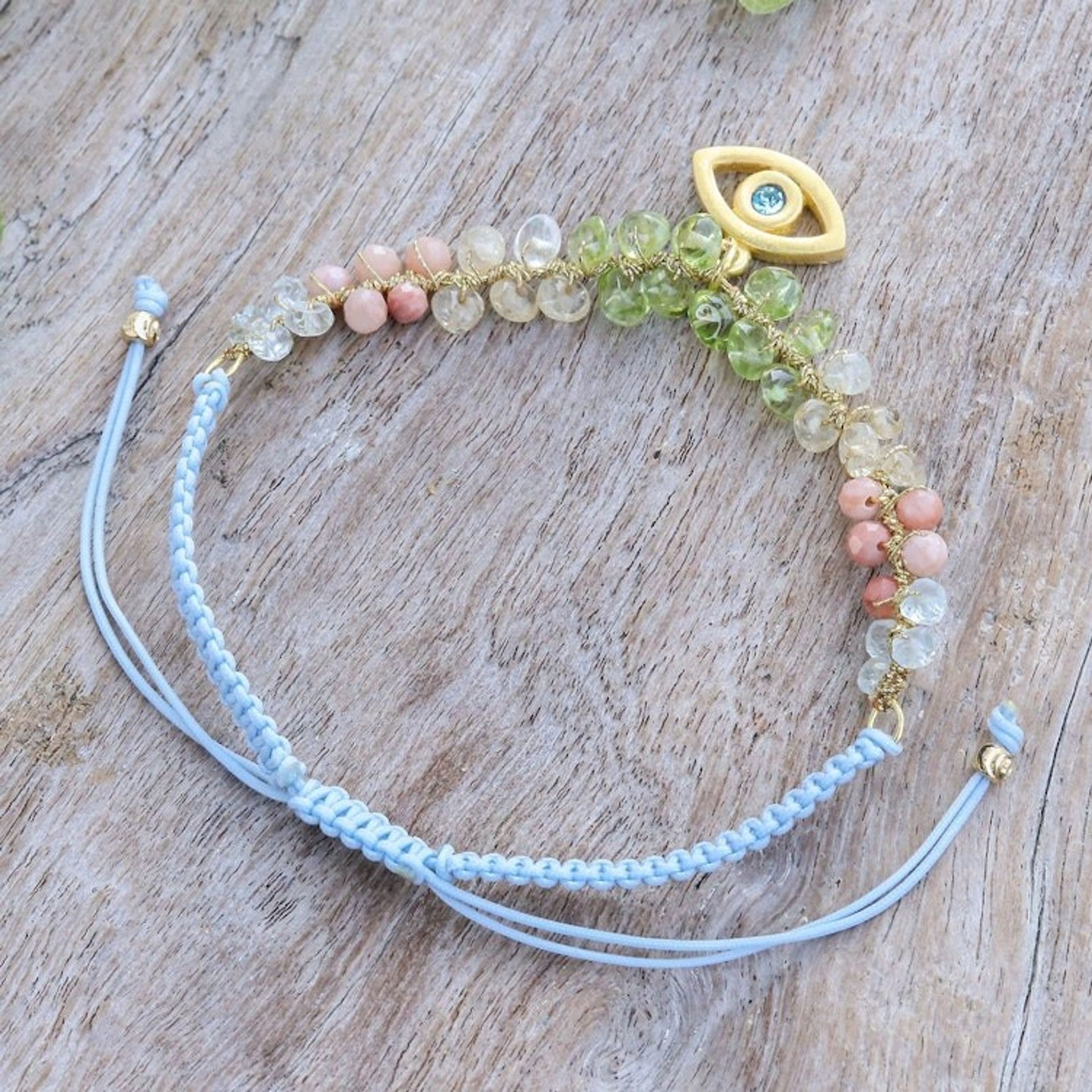 24k Gold-Accented Multi-Gemstone Evil Eye Pendant Bracelet 'Warding Eye'