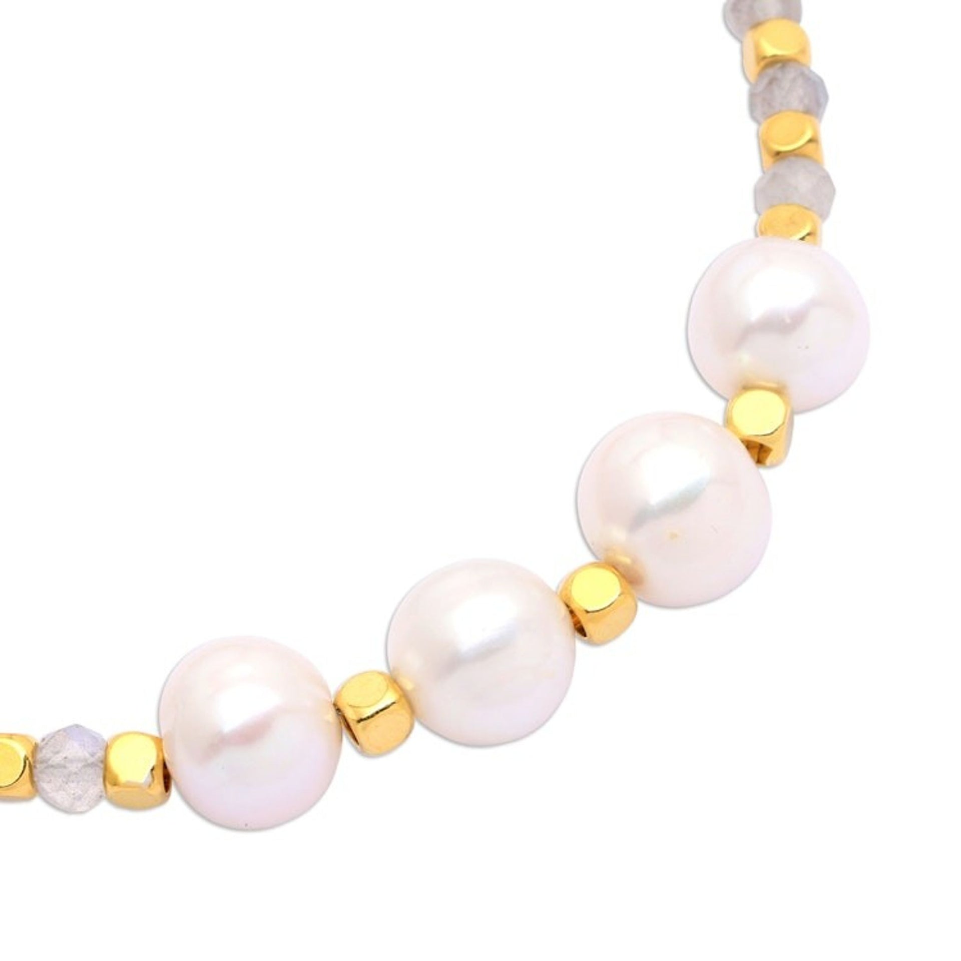 18k Gold-Plated Rainbow Moonstone and White Pearl Necklace 'Queen's Mist'