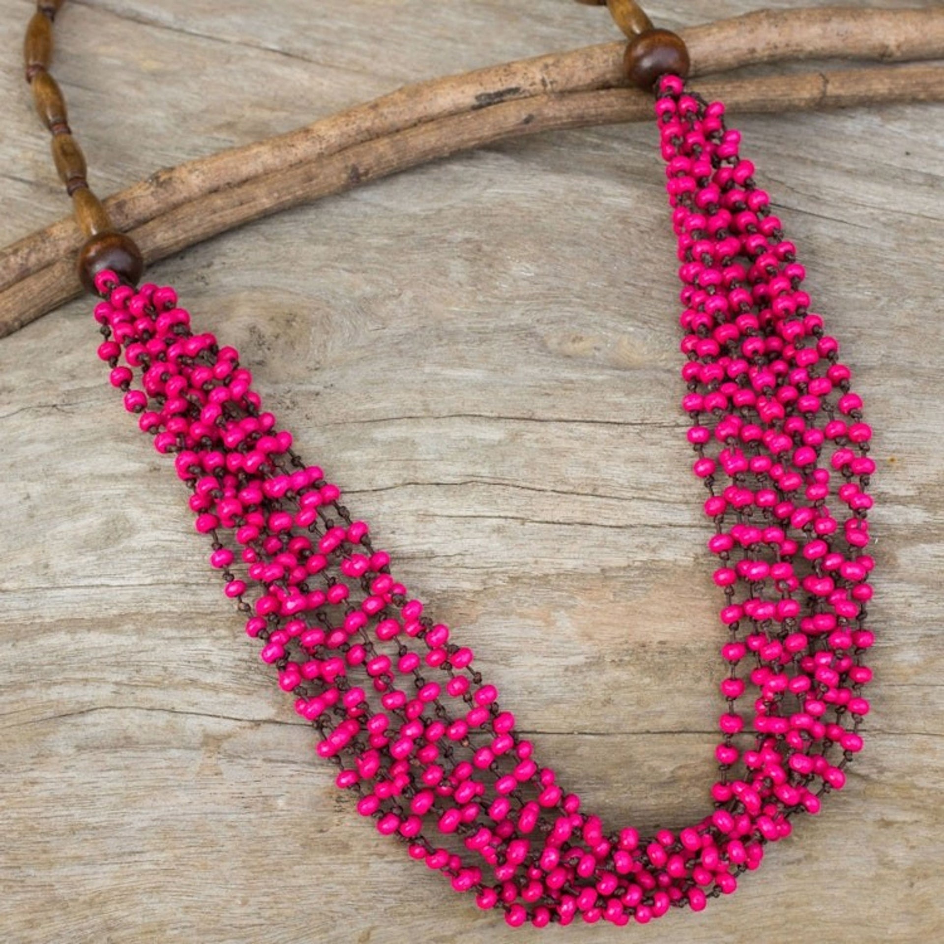 Hot Pink Wood Beaded Necklaced Handcrafted in Thailand 'Pink Muse'
