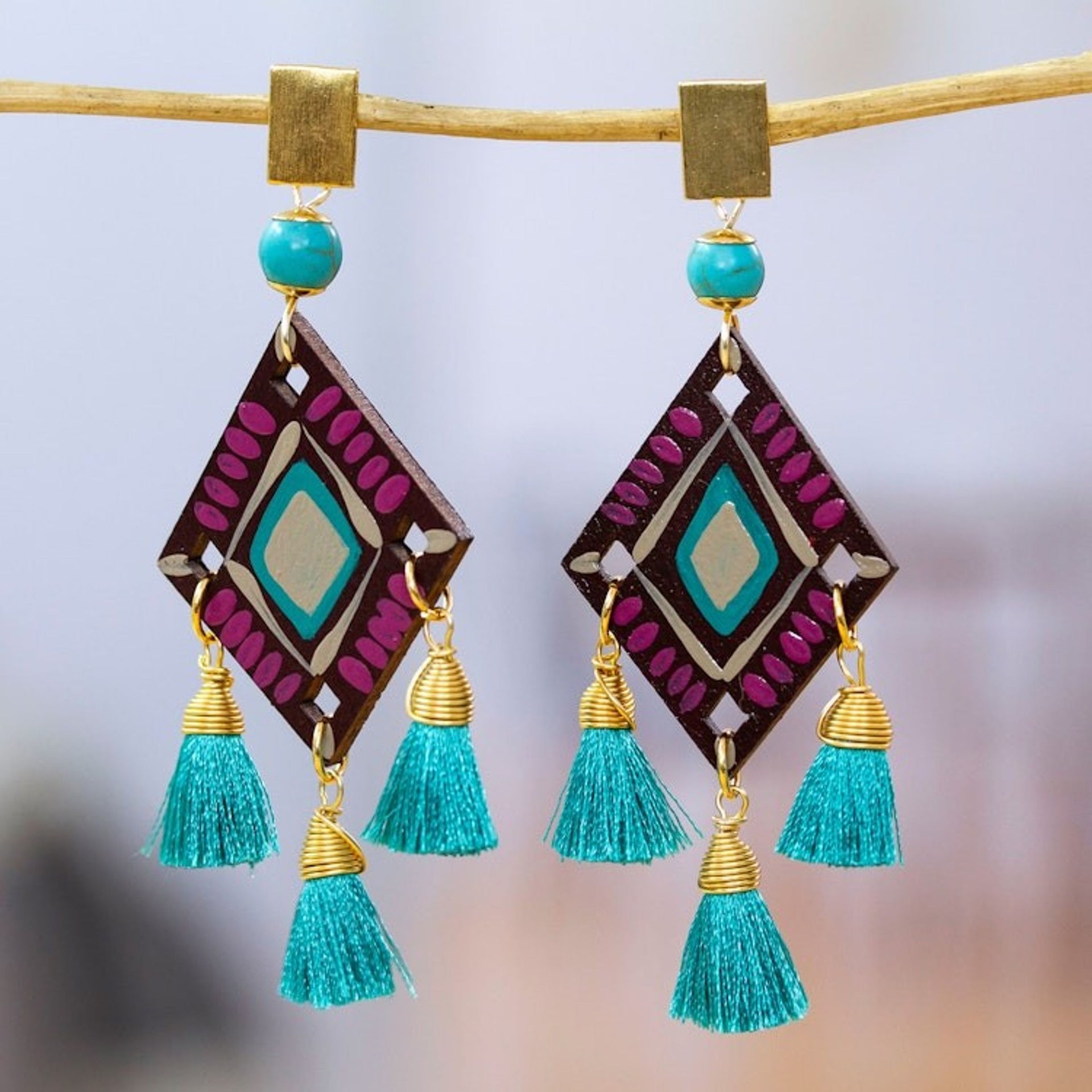 Folk Art Chandelier Earrings with Recon Turquoise Jewels 'Lagoon Princess'